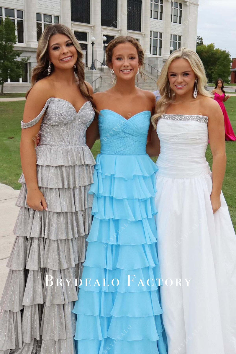FannyWe Simple Blue A-Line Strapless Layered Satin Short Homecoming Dress formal wear dresses