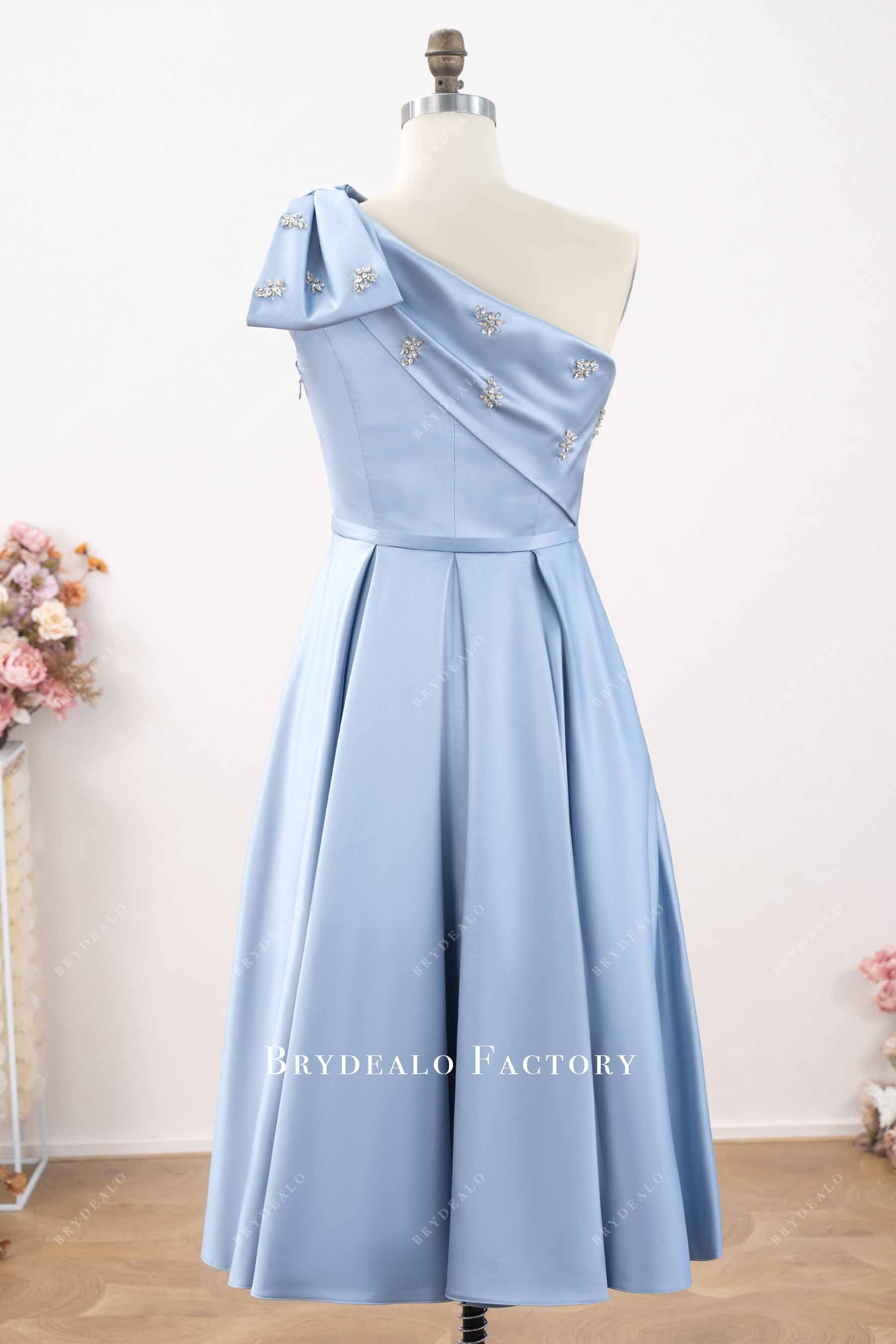 blue tea length mother of bride dress