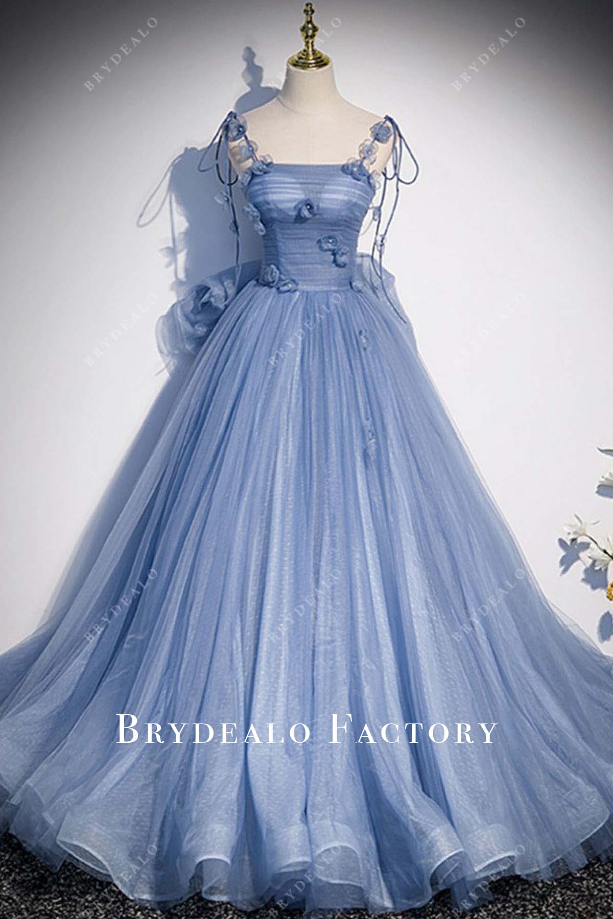 blue tulle thin straps homecoming dress