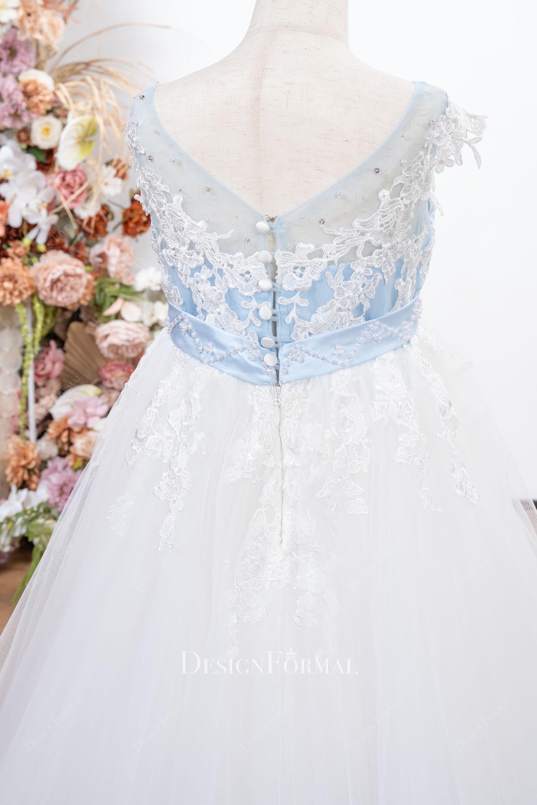 blue v back white flower girl dress