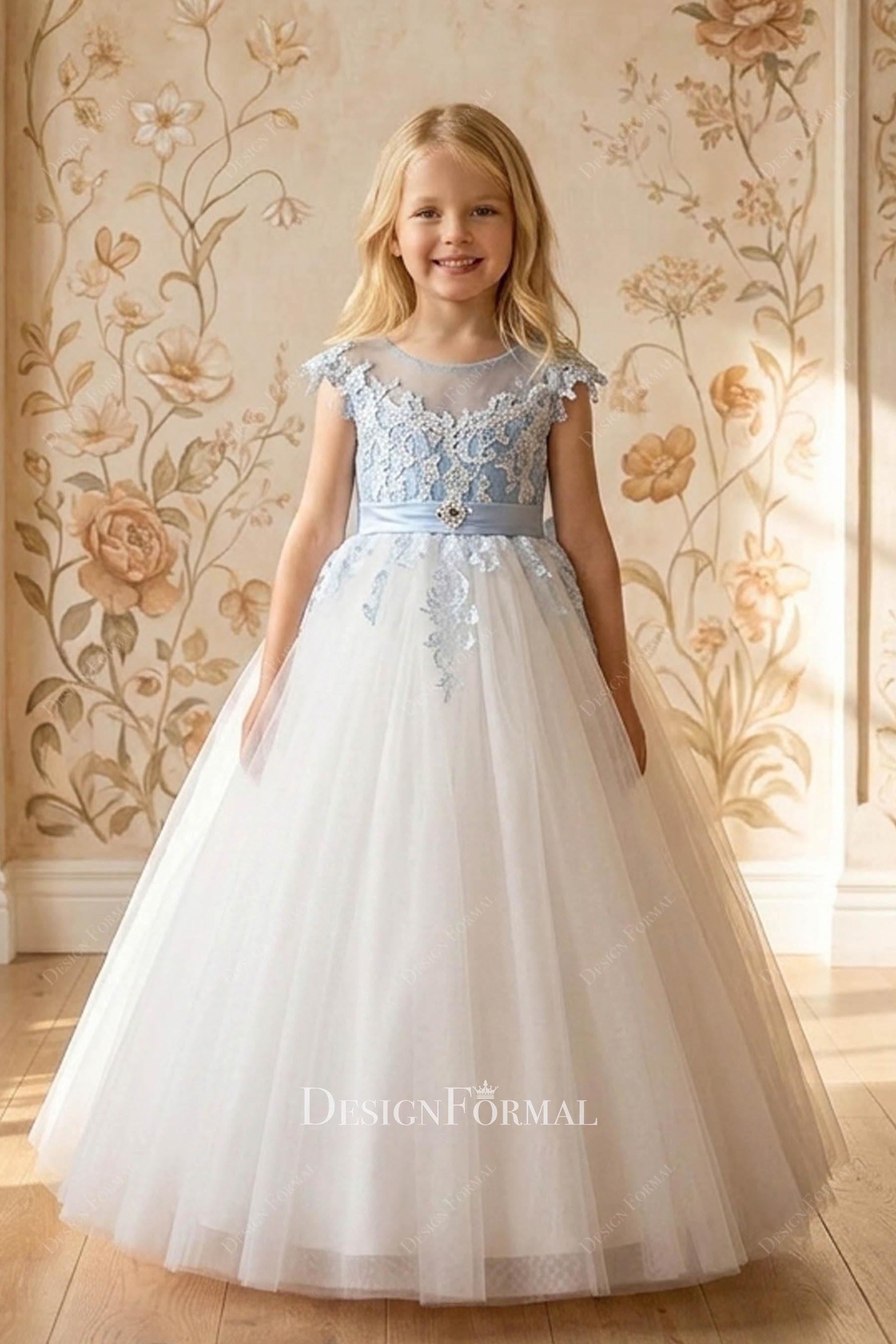 blue white a line flower girl dress