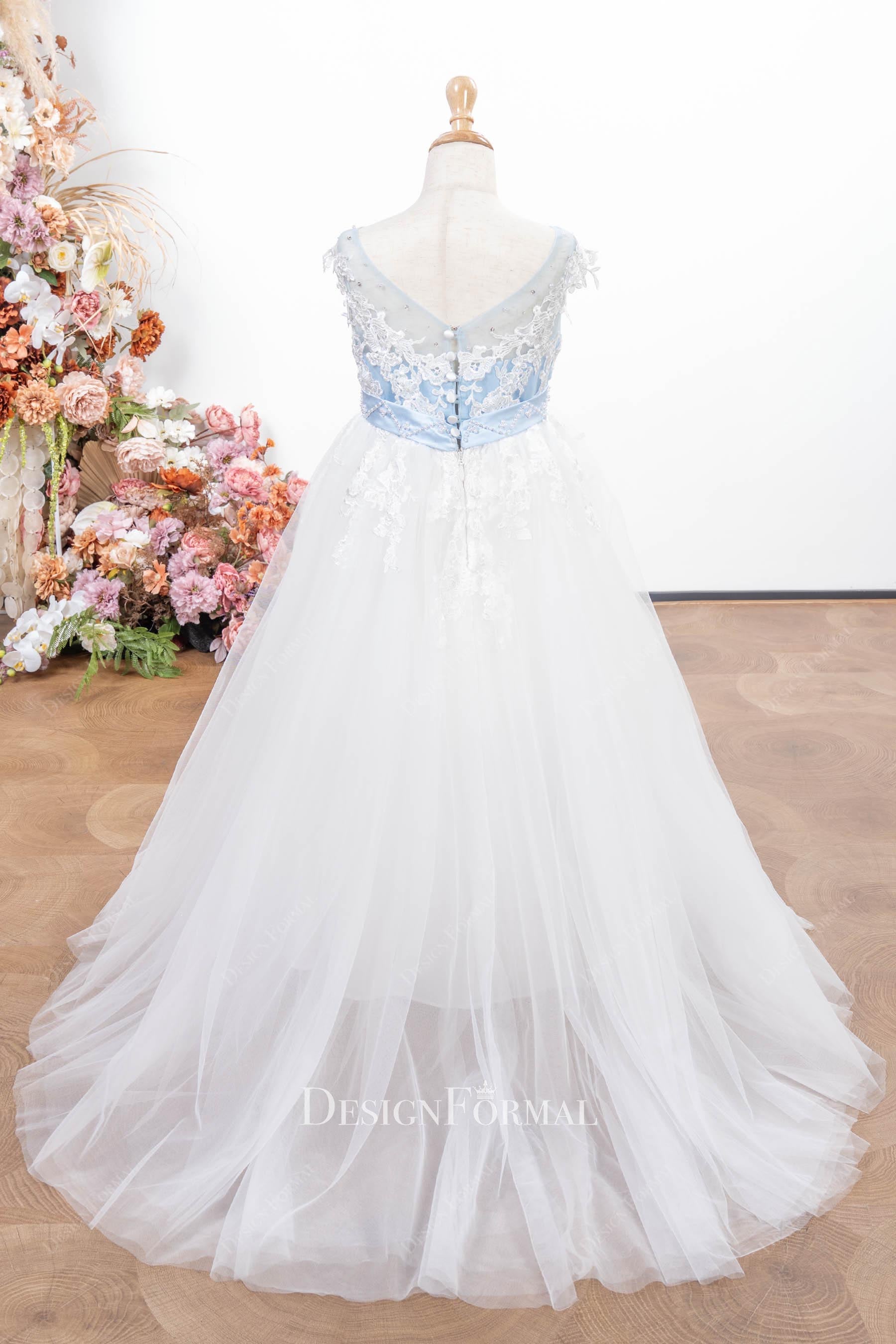 blue white court train flower girl dress