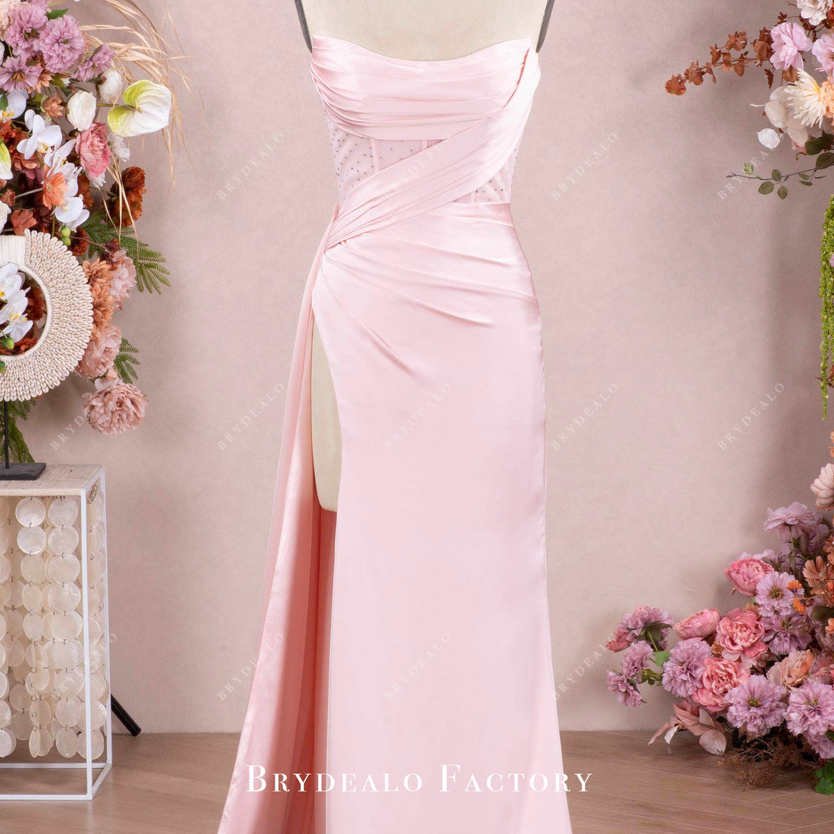 strapless open back dress Avielle Premium Satin Strapless Corset Gown in Blush Pink main image 1