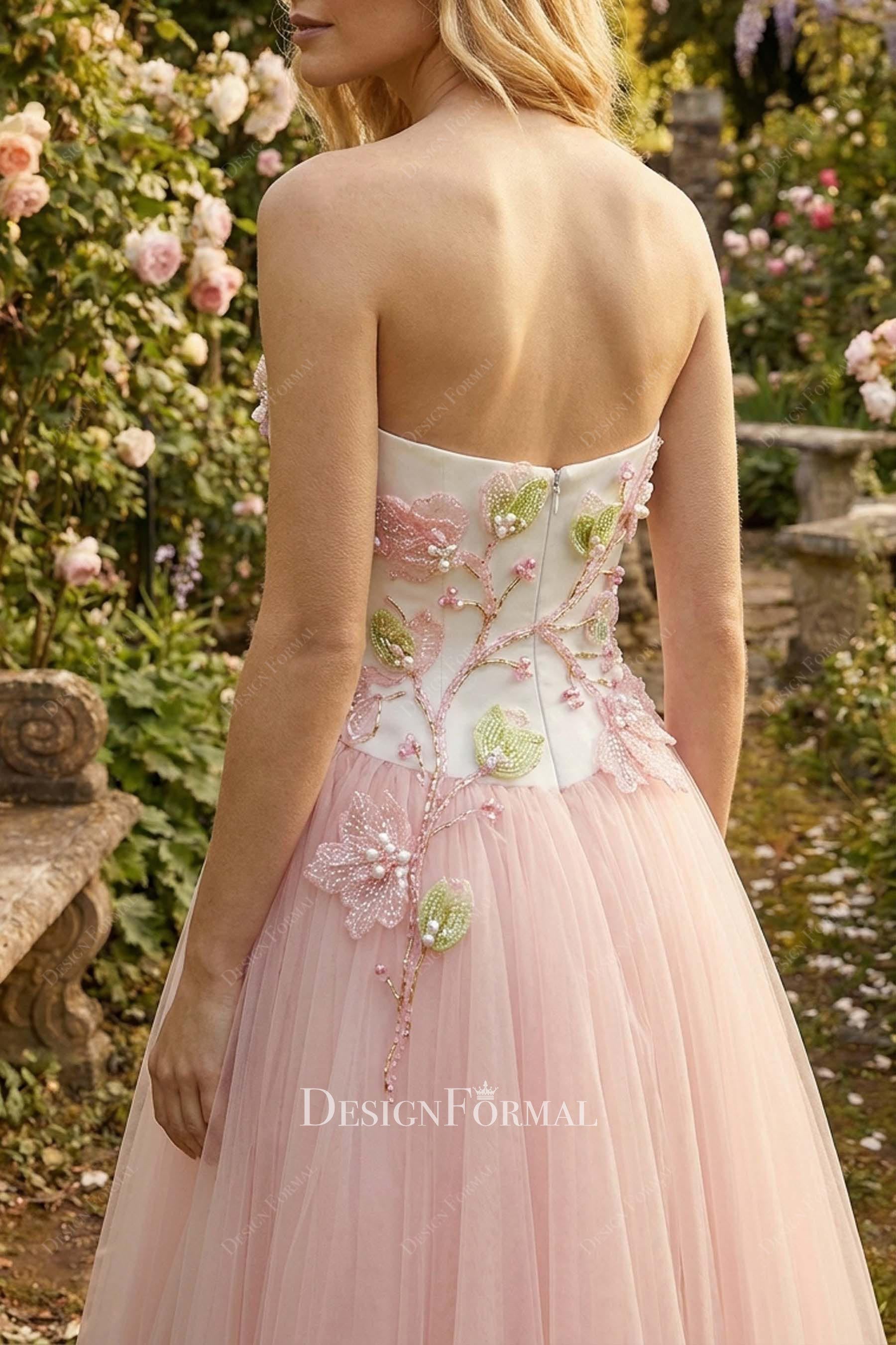 blush pink lace bodice wedding dress