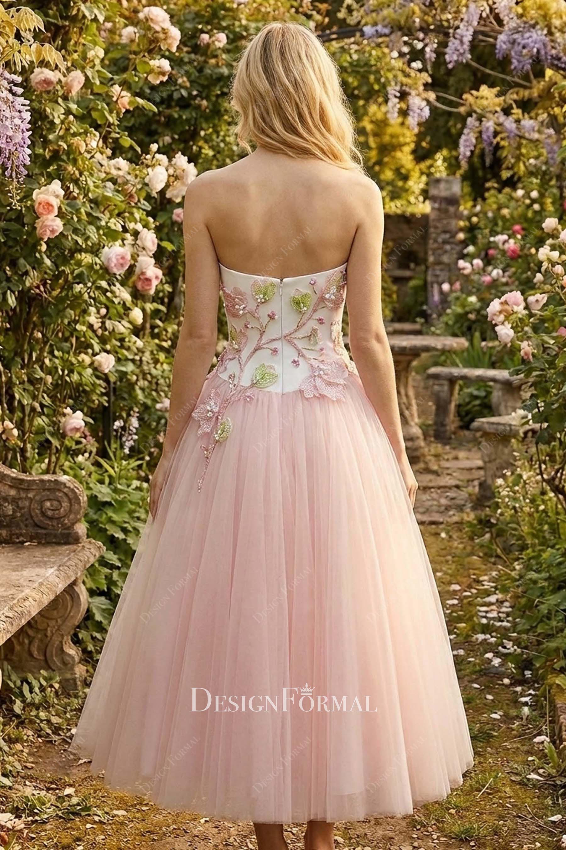 blush pink tulle tea length wedding dress