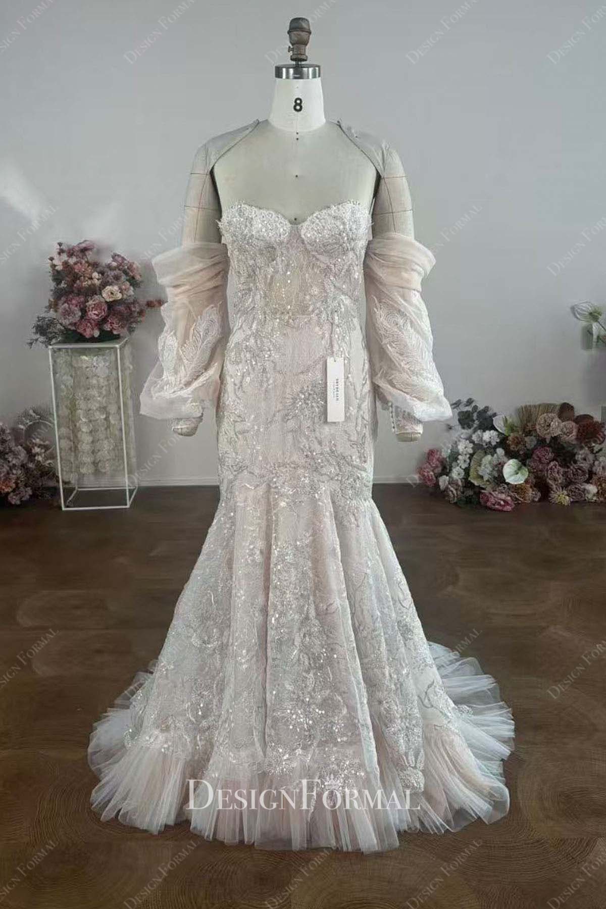 blushing pink off the shoulder wedding dress