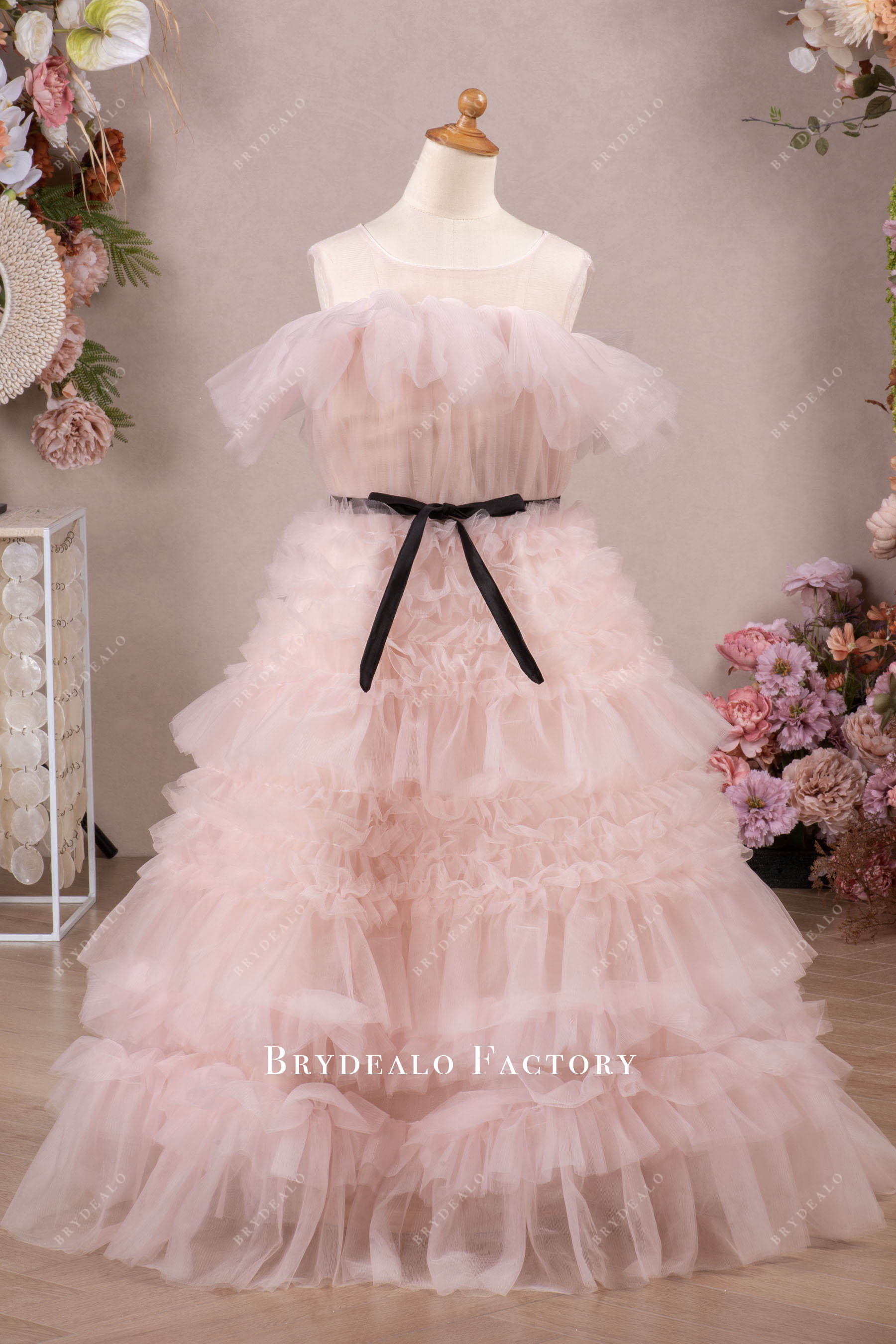 blushing pink tiered tulle flower girl dress