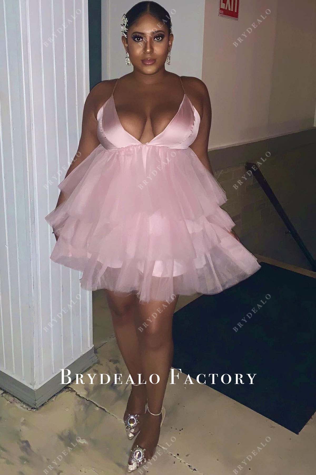 blushing pink tulle short prom dress