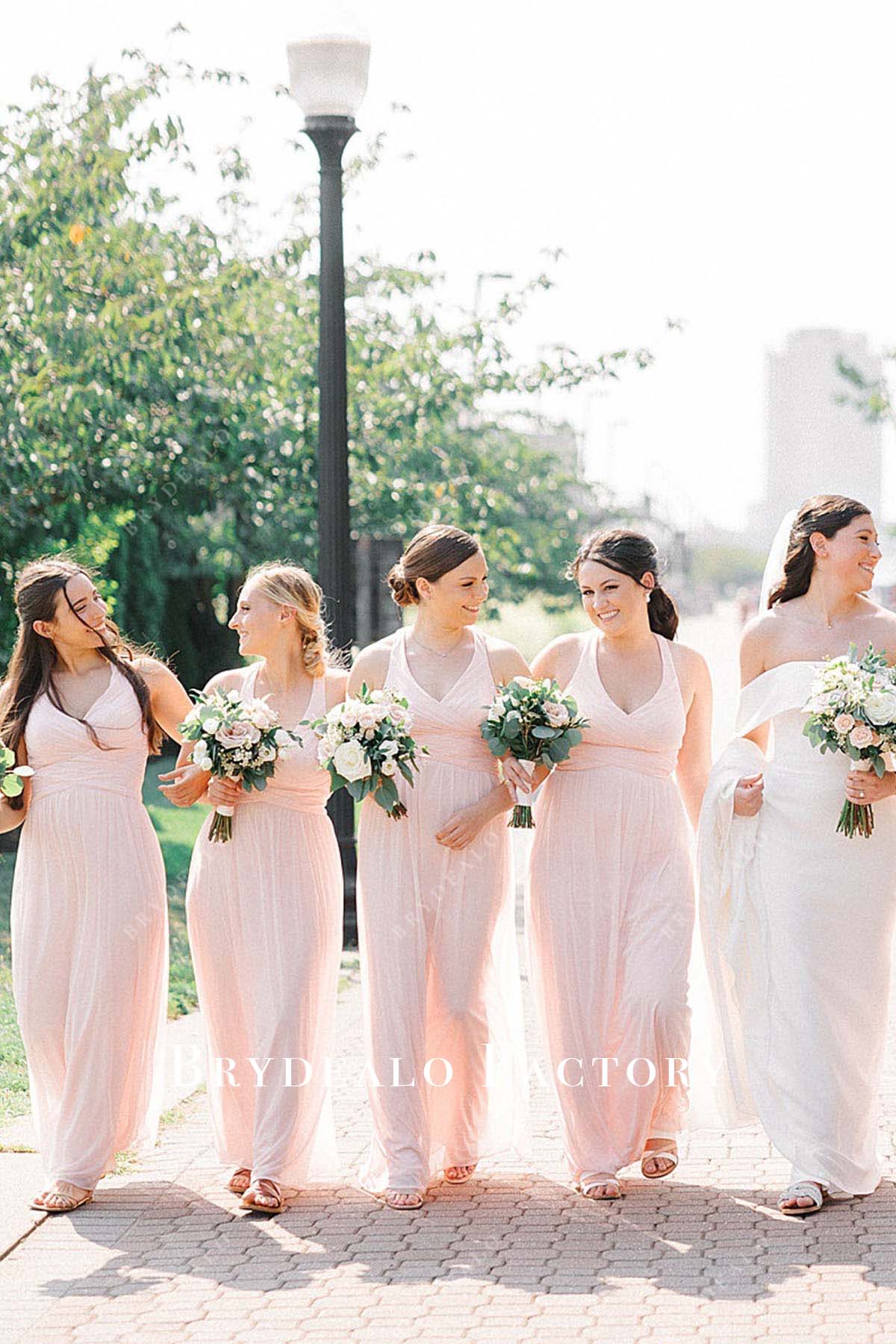 blushing pink v neck floor length bridesmaid dress