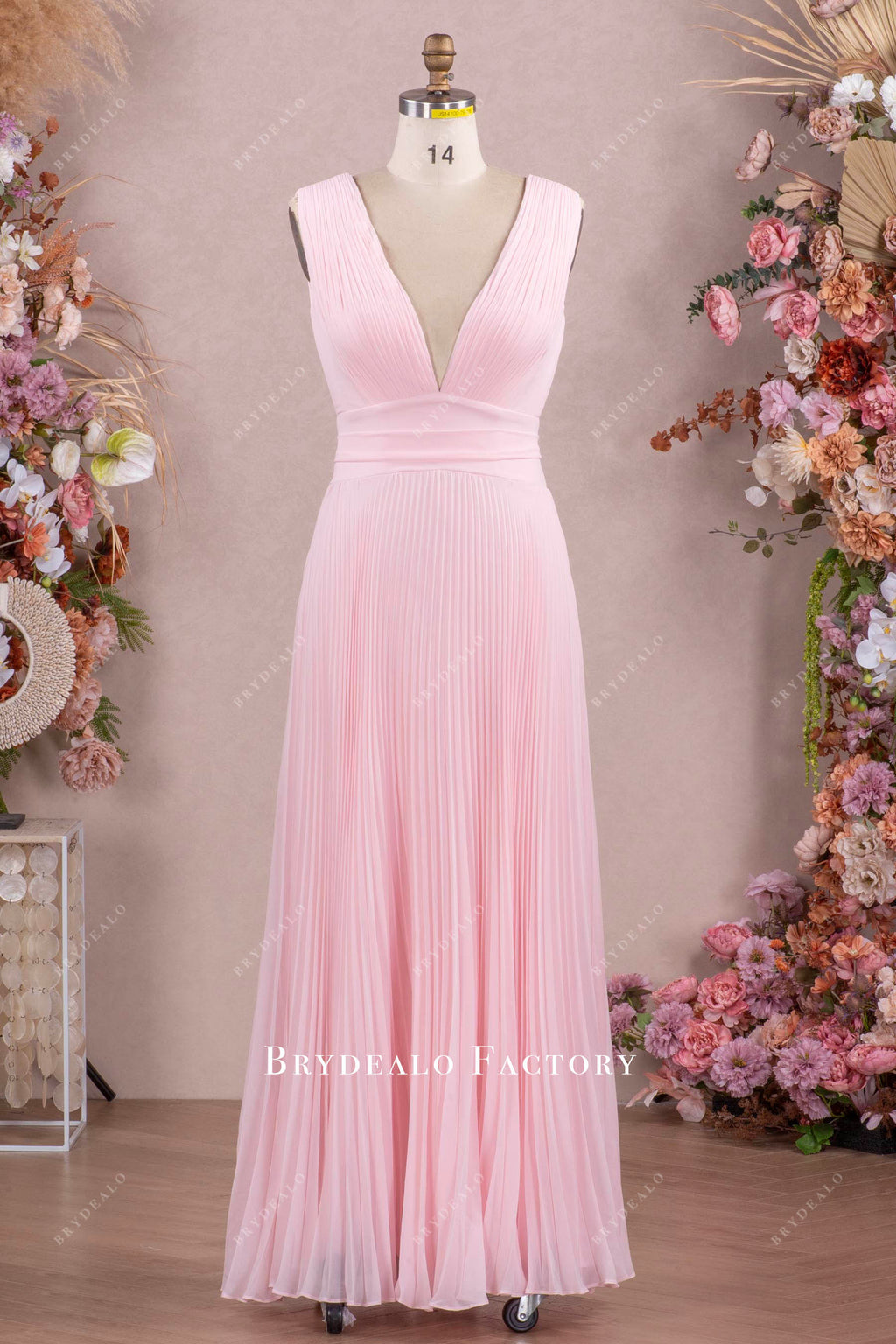 Blushing Pink Pleated Chiffon Floor Length Bridesmaid Dress 