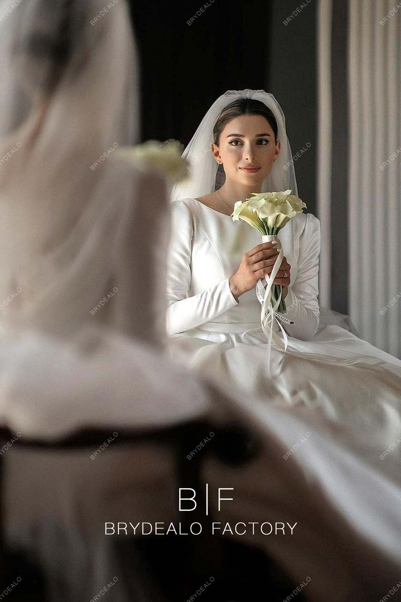 Beaded High Neck Vintage Satin Long Sleeves Modest Wedding Dress