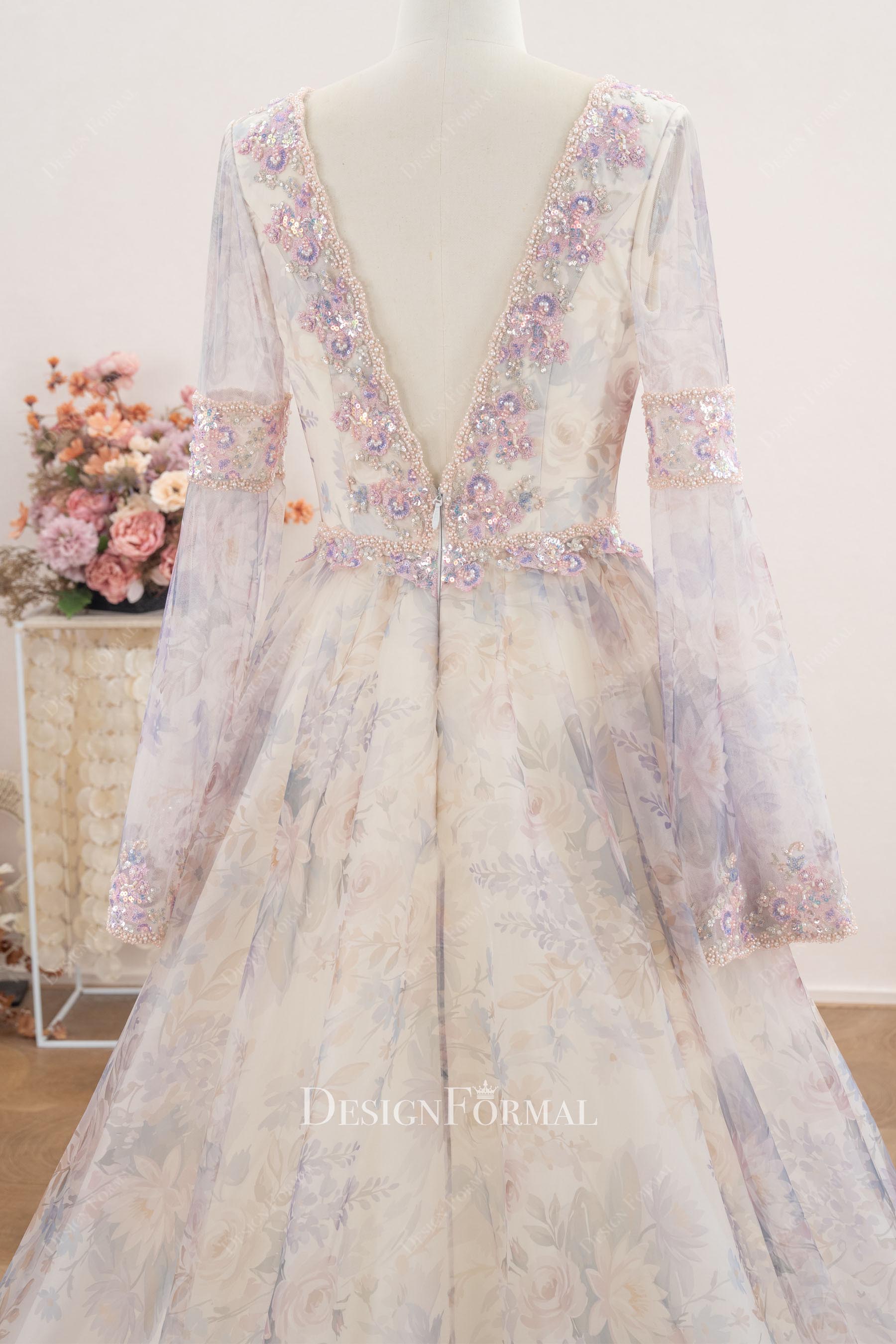 bohemian plunging back sleeved wedding dress
