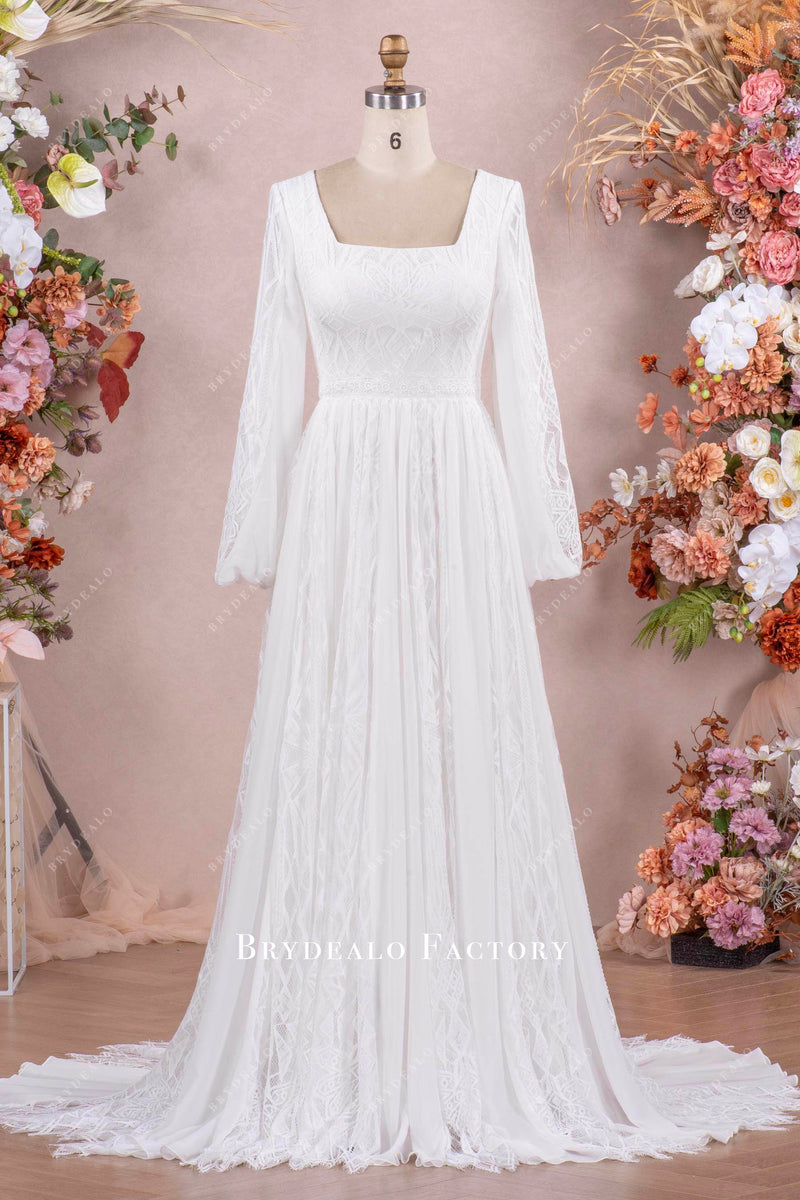 Boho Lace Chiffon Wedding Dresses With Long Sleeves