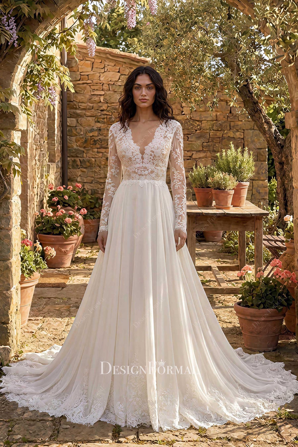 boho lace chiffon wedding dress