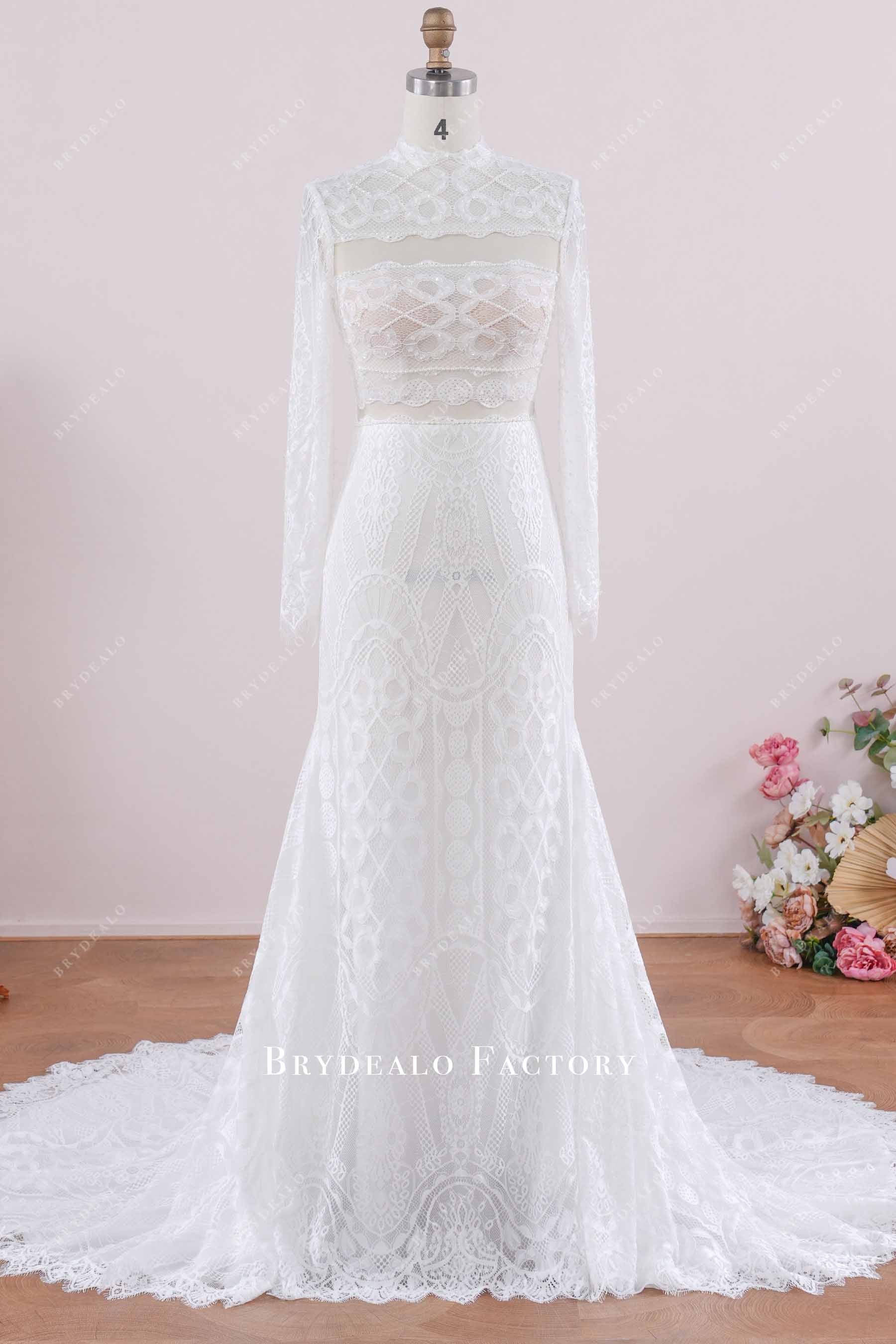 boho lace high neck wedding dress