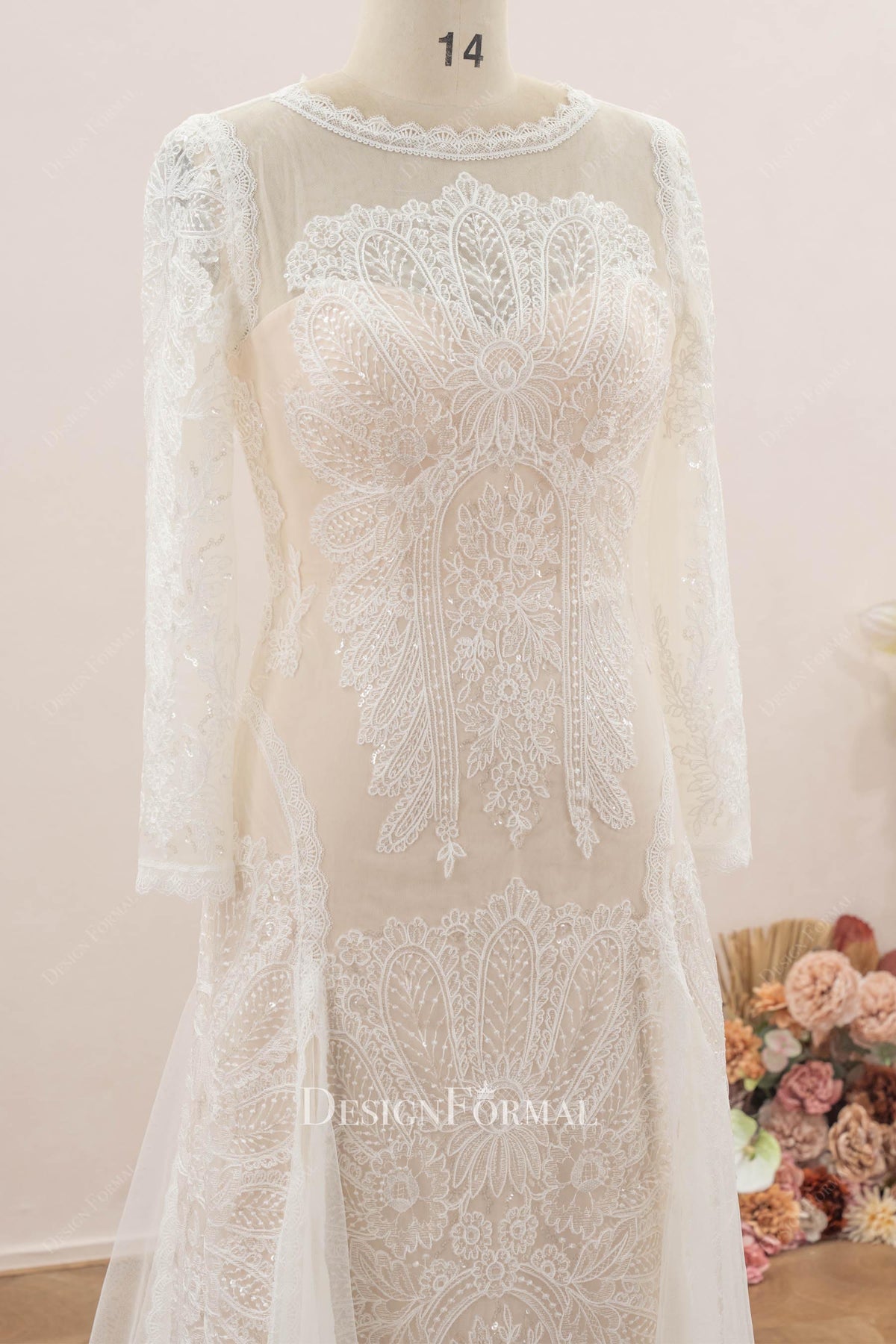 boho lace sheer neck wedding dress