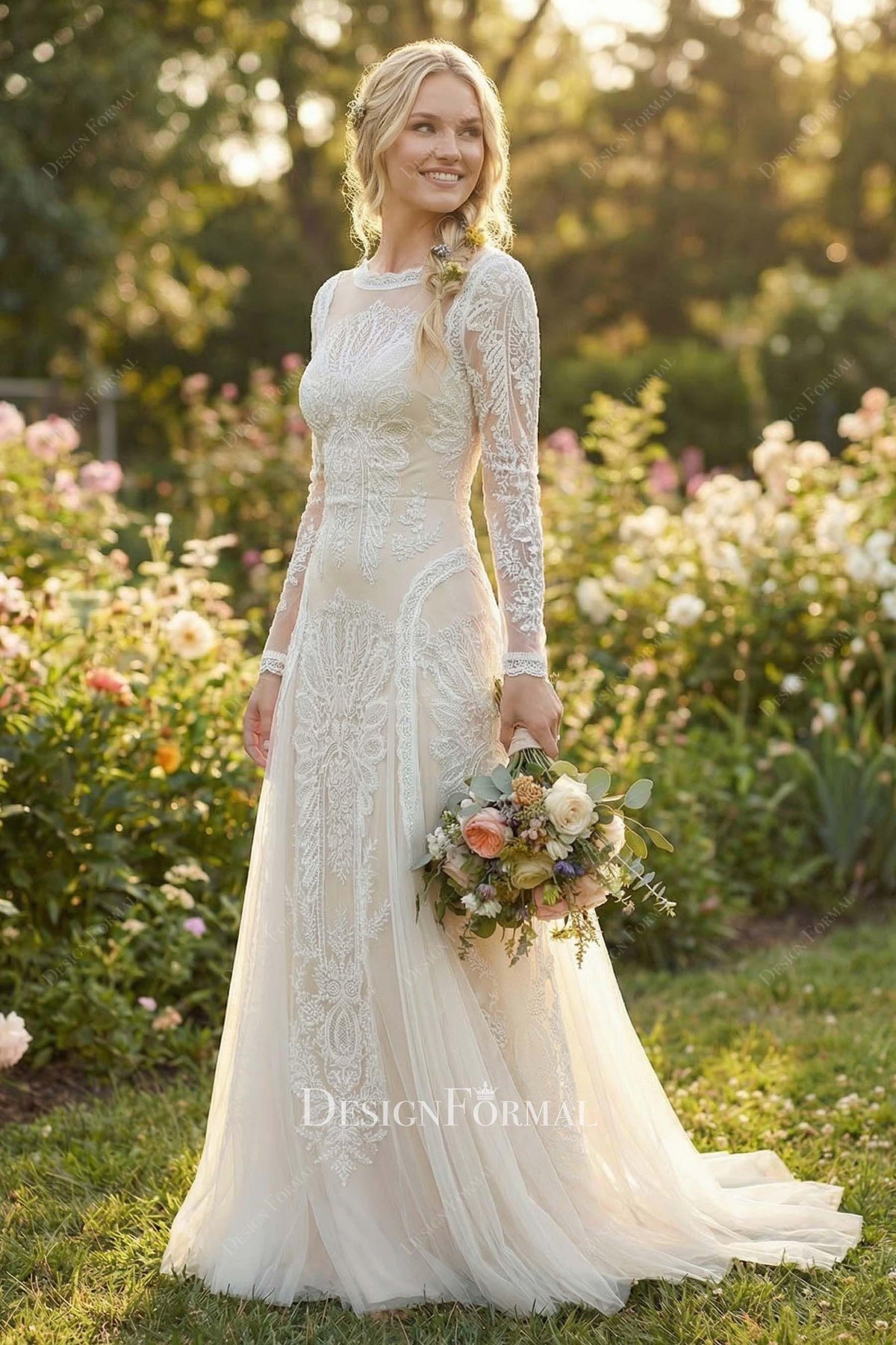 boho lace sheer sleeves wedding dreess