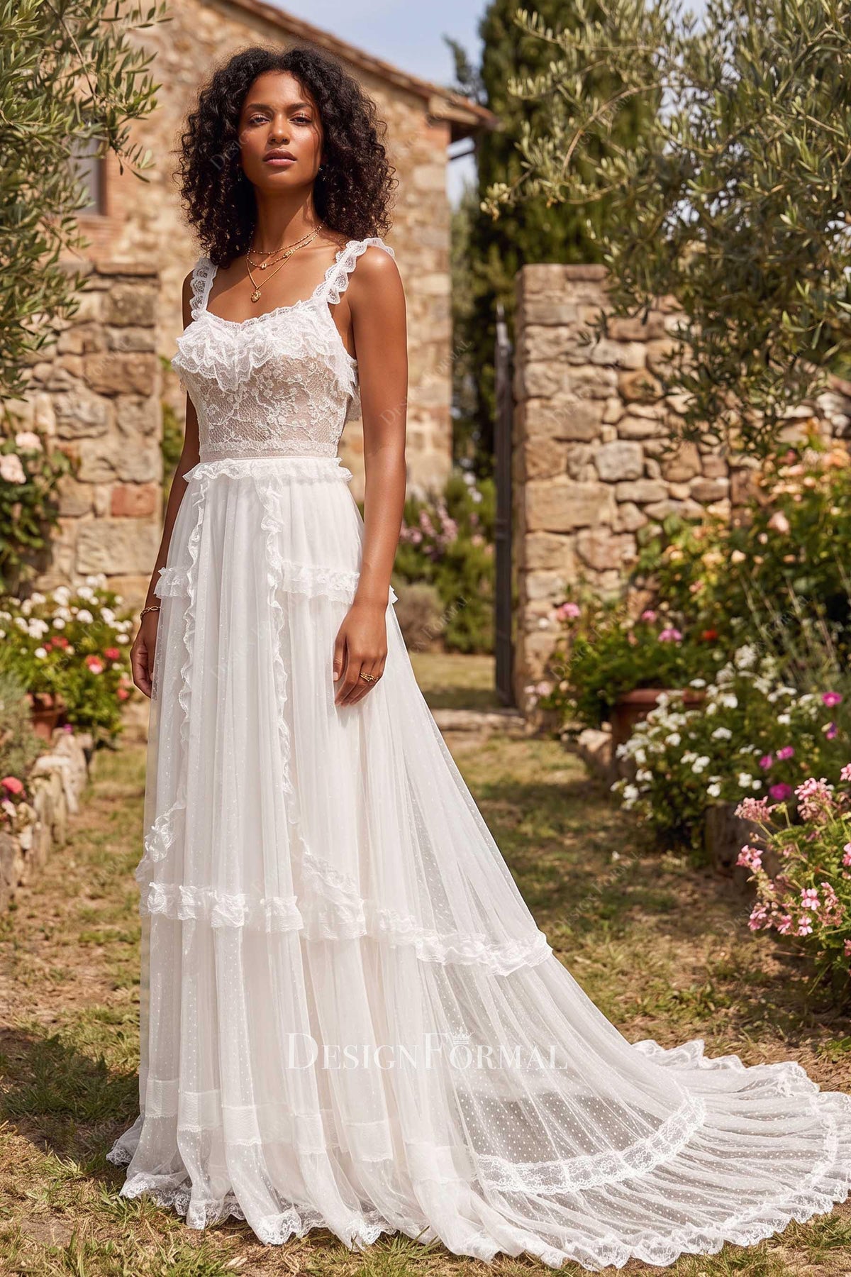 boho lace sleeveless a line wedding dress