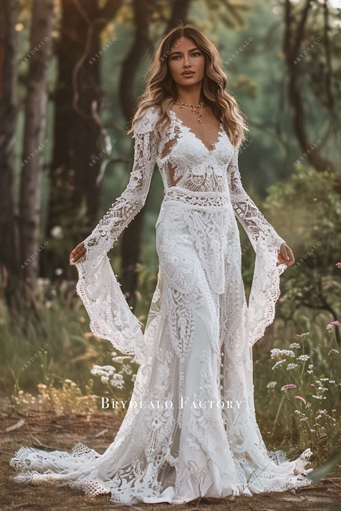AI Inspired Custom Boho Lace Wedding Dress Long Kimono Sleeves