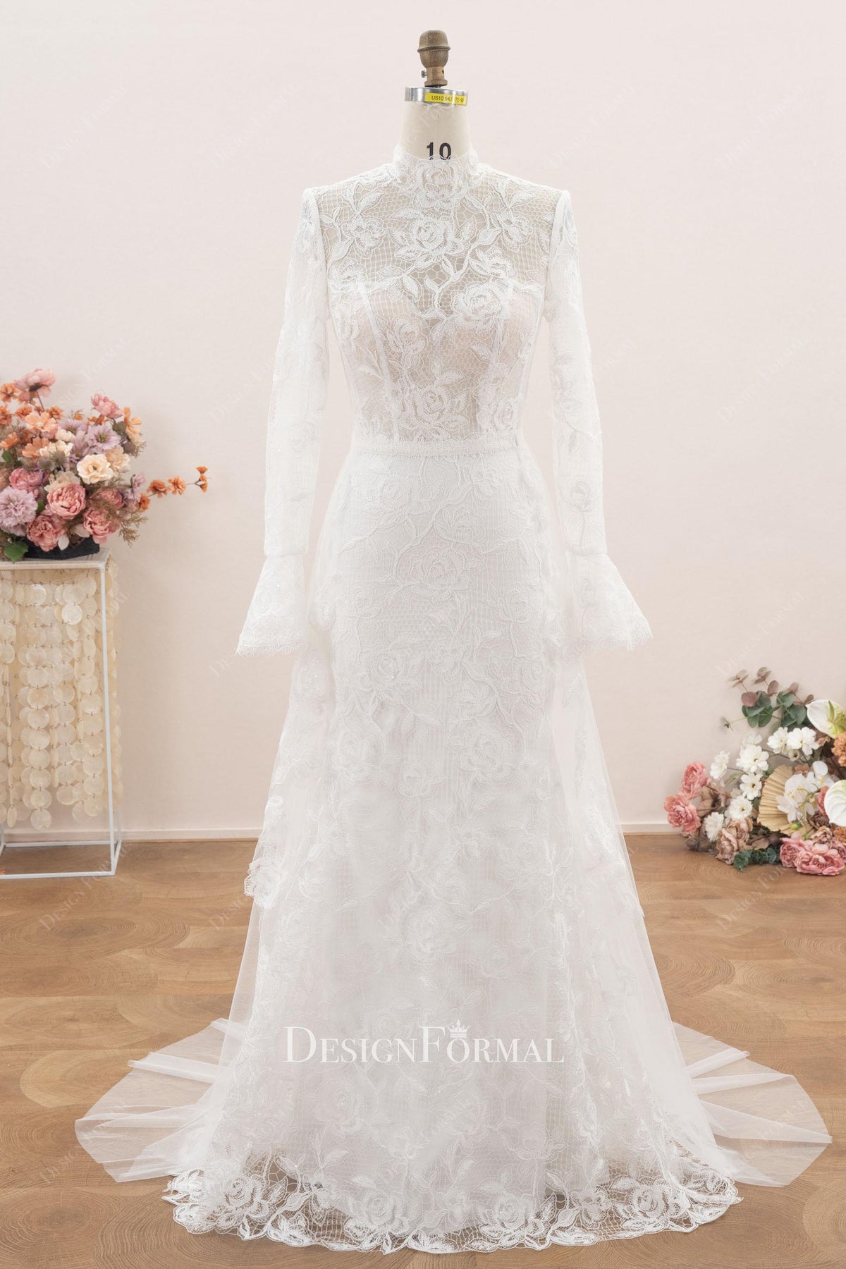 boho long lace sleeve wedding dress