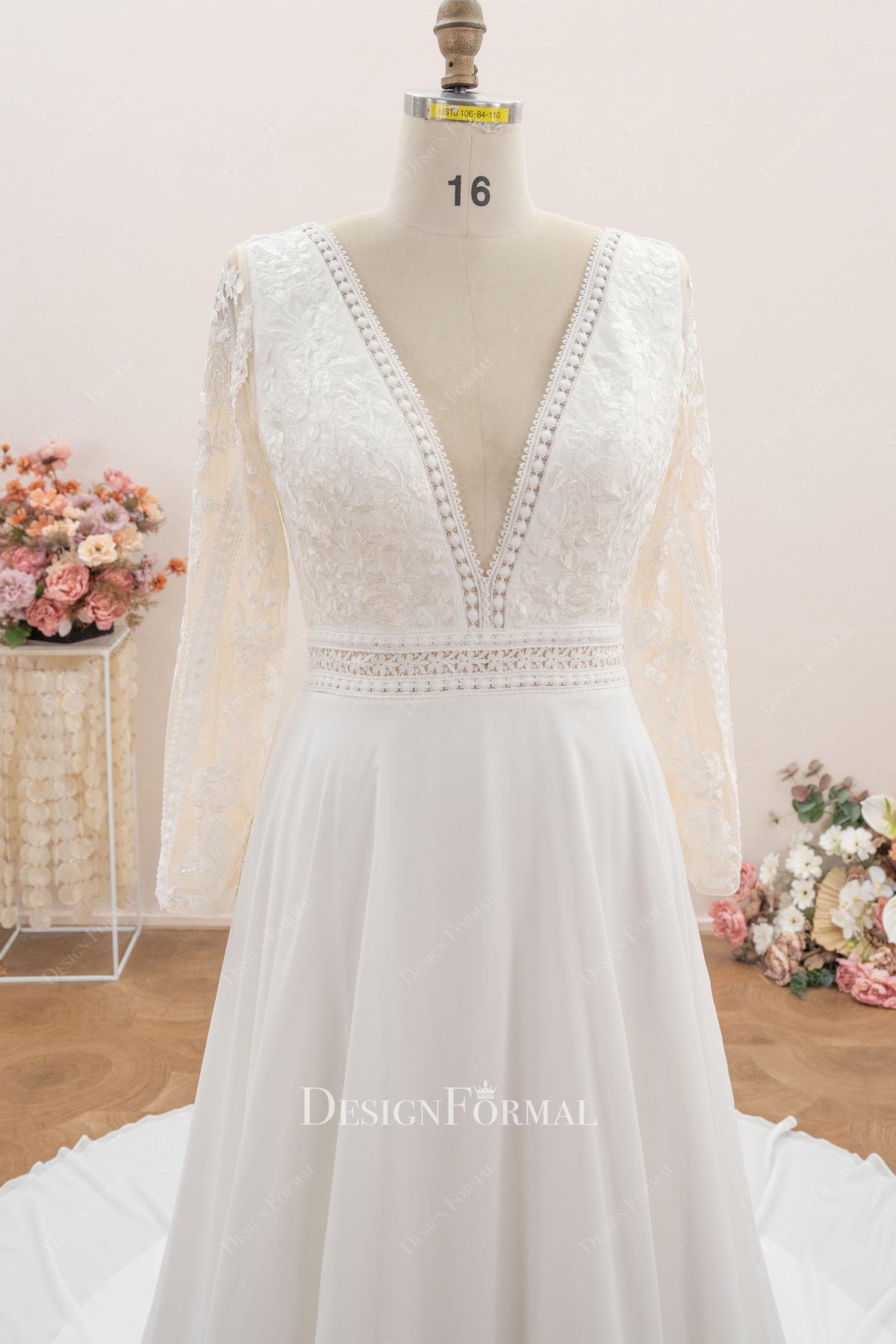 boho plunging neck long sleeve wedding dress