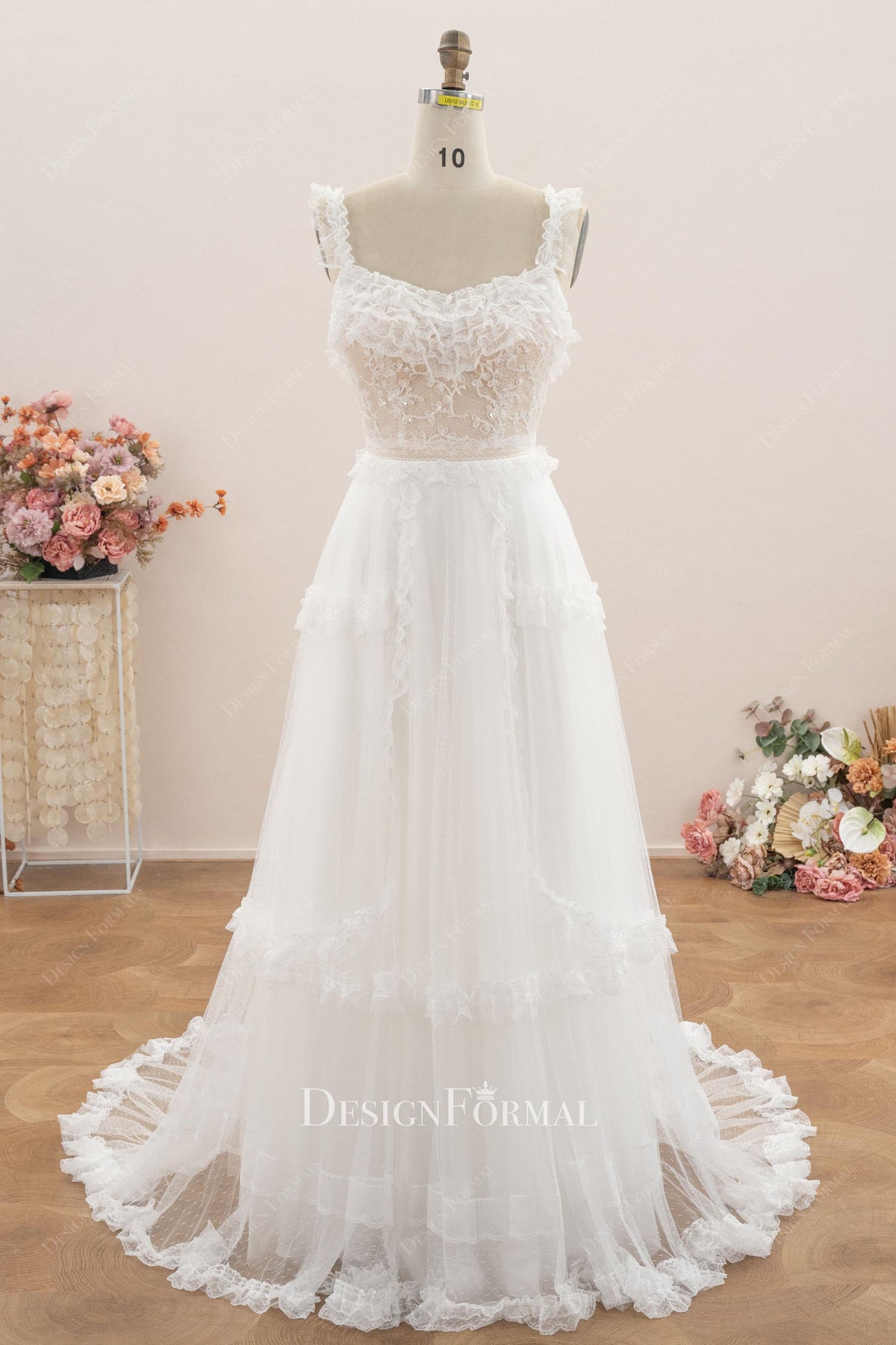 boho ruffled lace v neck wedding dress