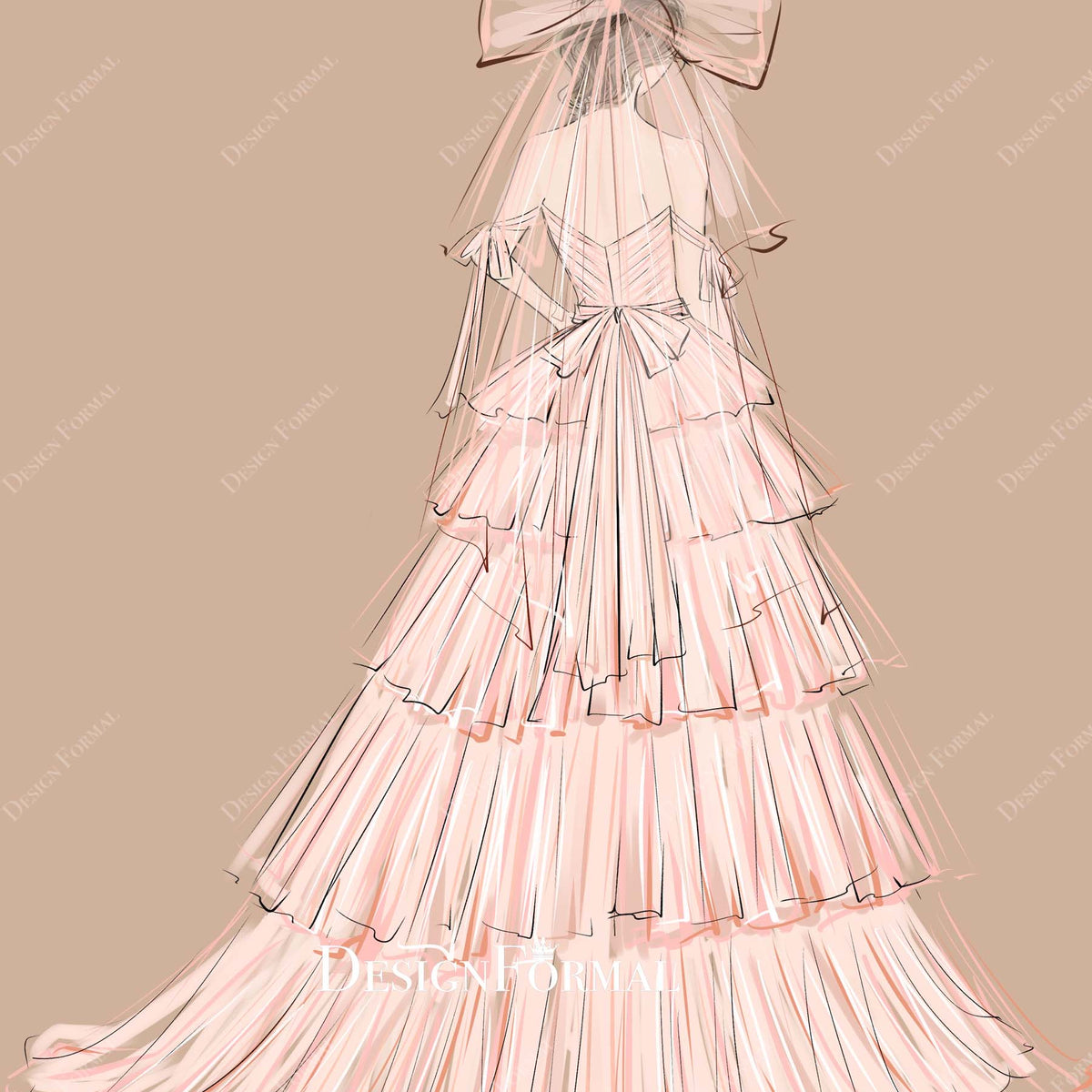 Blushing Pink Bow Veil Off Shoulder Dress Sketch