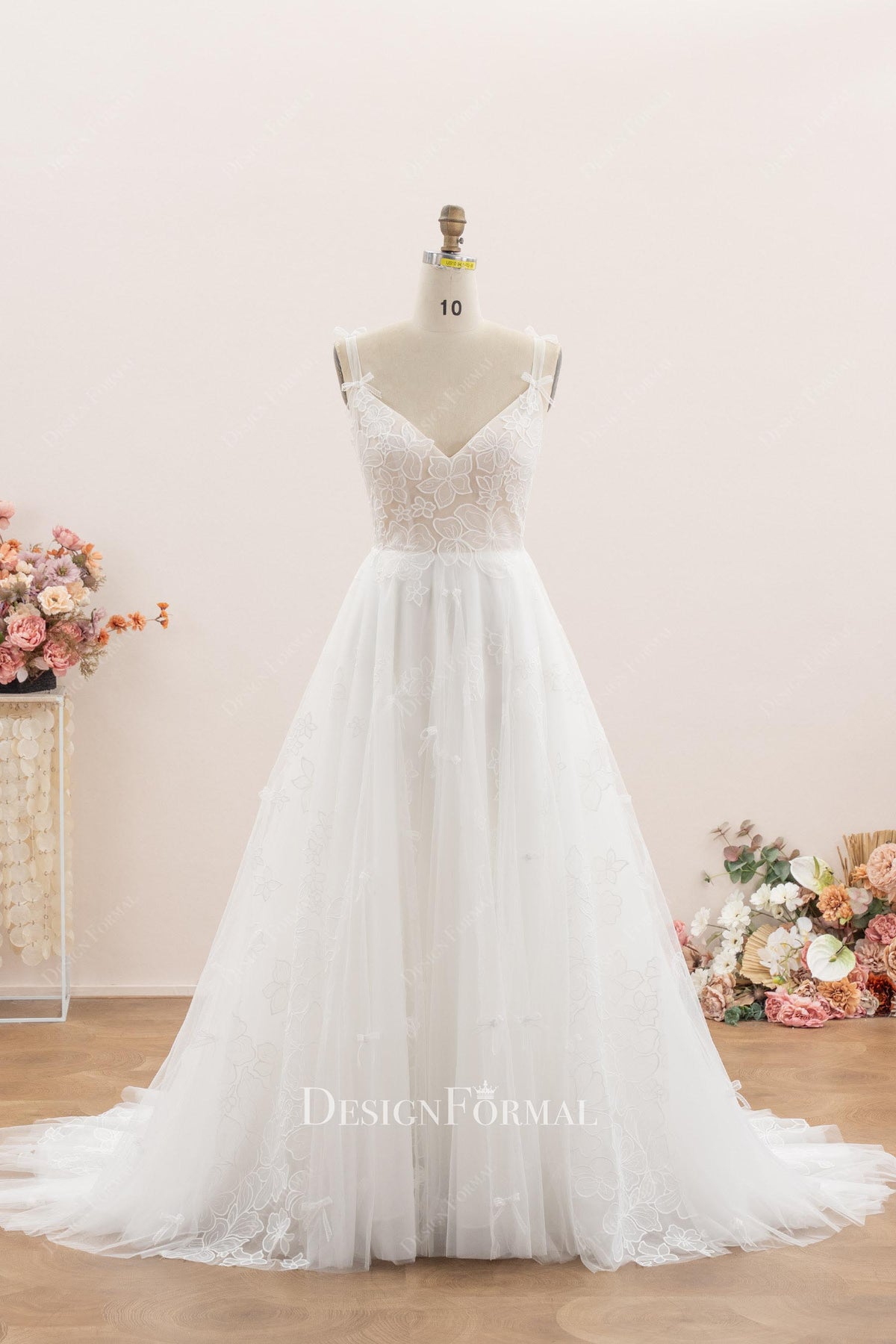 bowknot tulle straps wedding dress