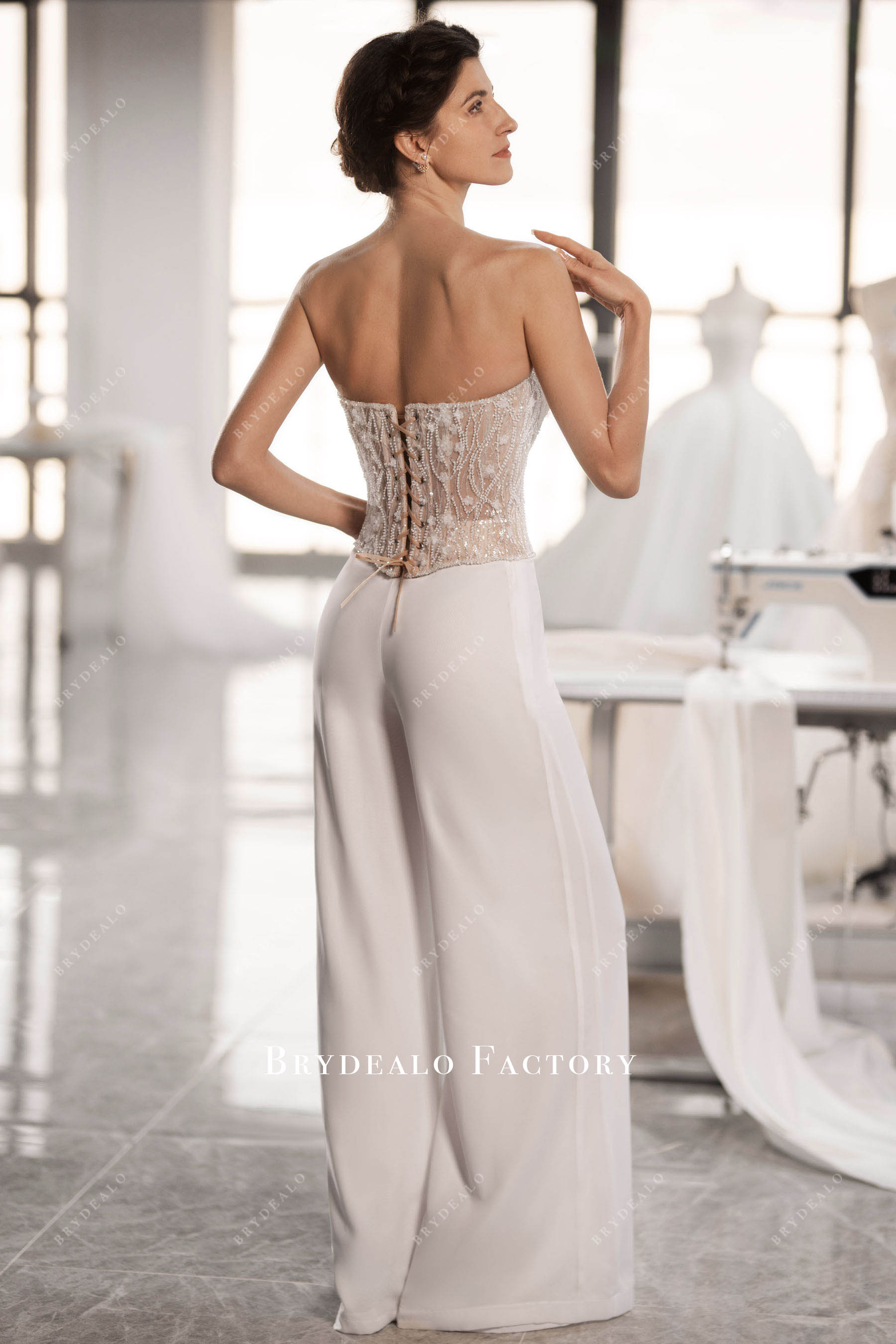 open back lace chiffon two piece wedding jumpsuit