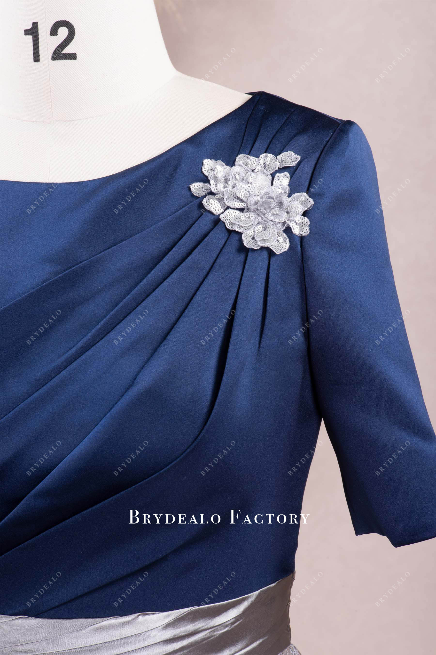 brooch pleated satin formal gown