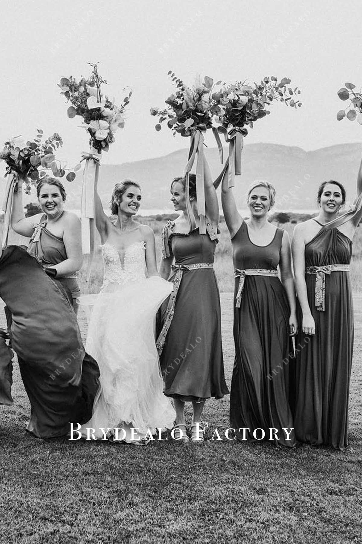 brown a line mismatched bridesmaid dresses