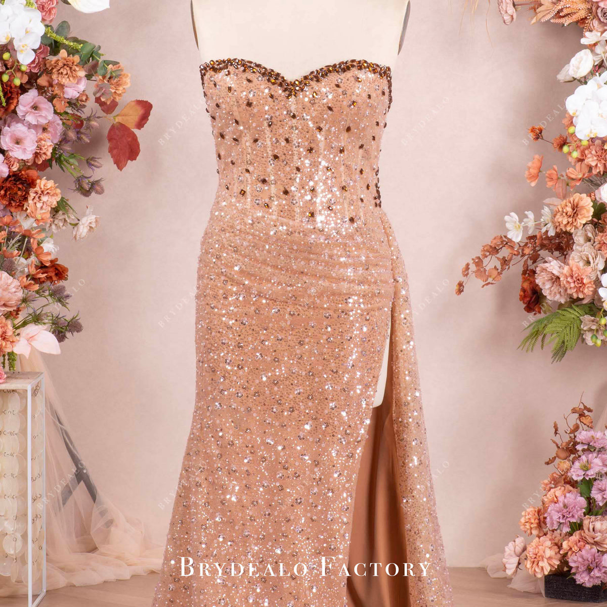 slim fit dress slacks Berylove Women Rose Gold Formal Dress with Slit Sequin Mermaid Cut Out Deep V-Neck Spaghetti Straps Long Formal Wear Dress, Rose Pink / US18W main image 1