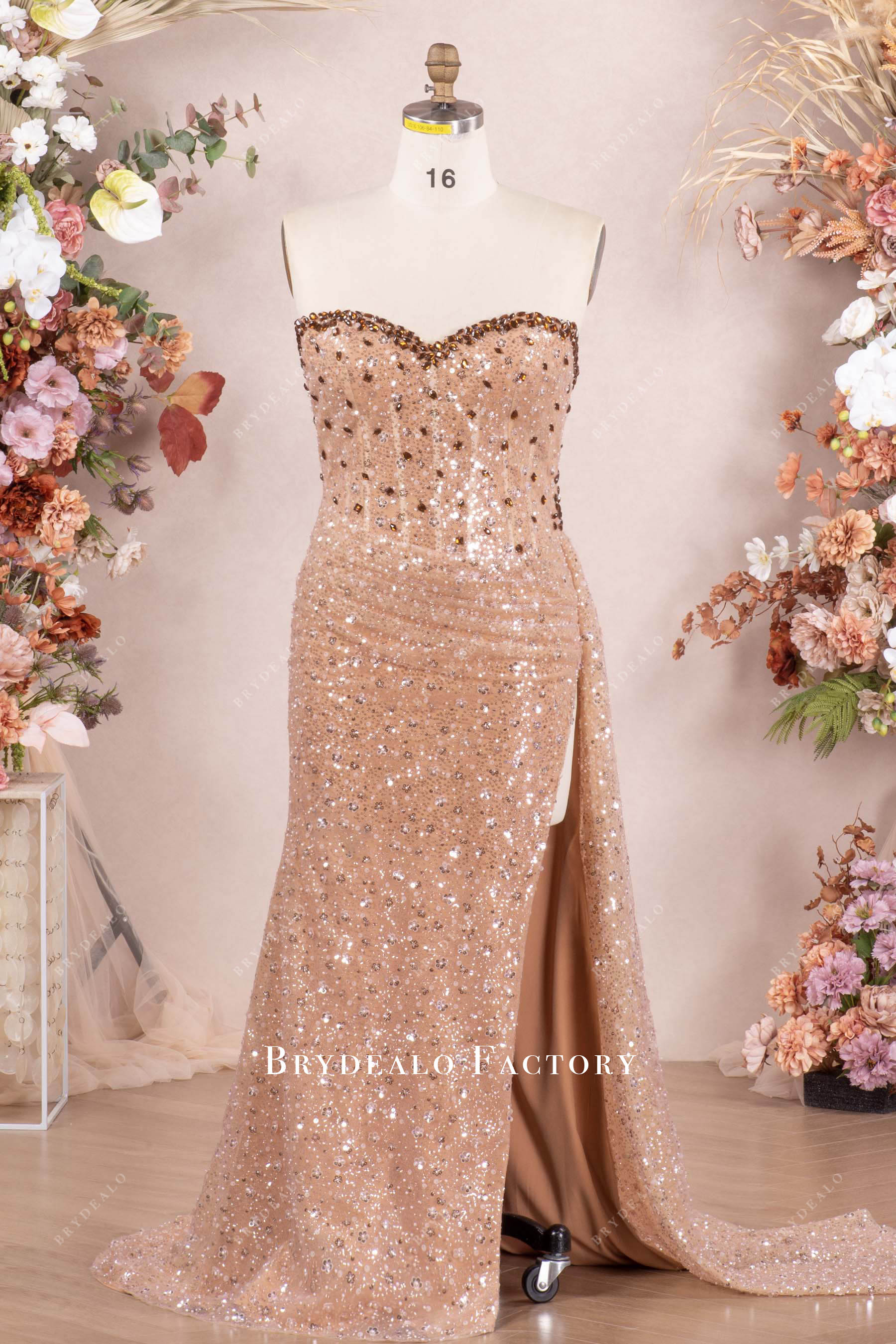 brown mermaid high slit prom dress