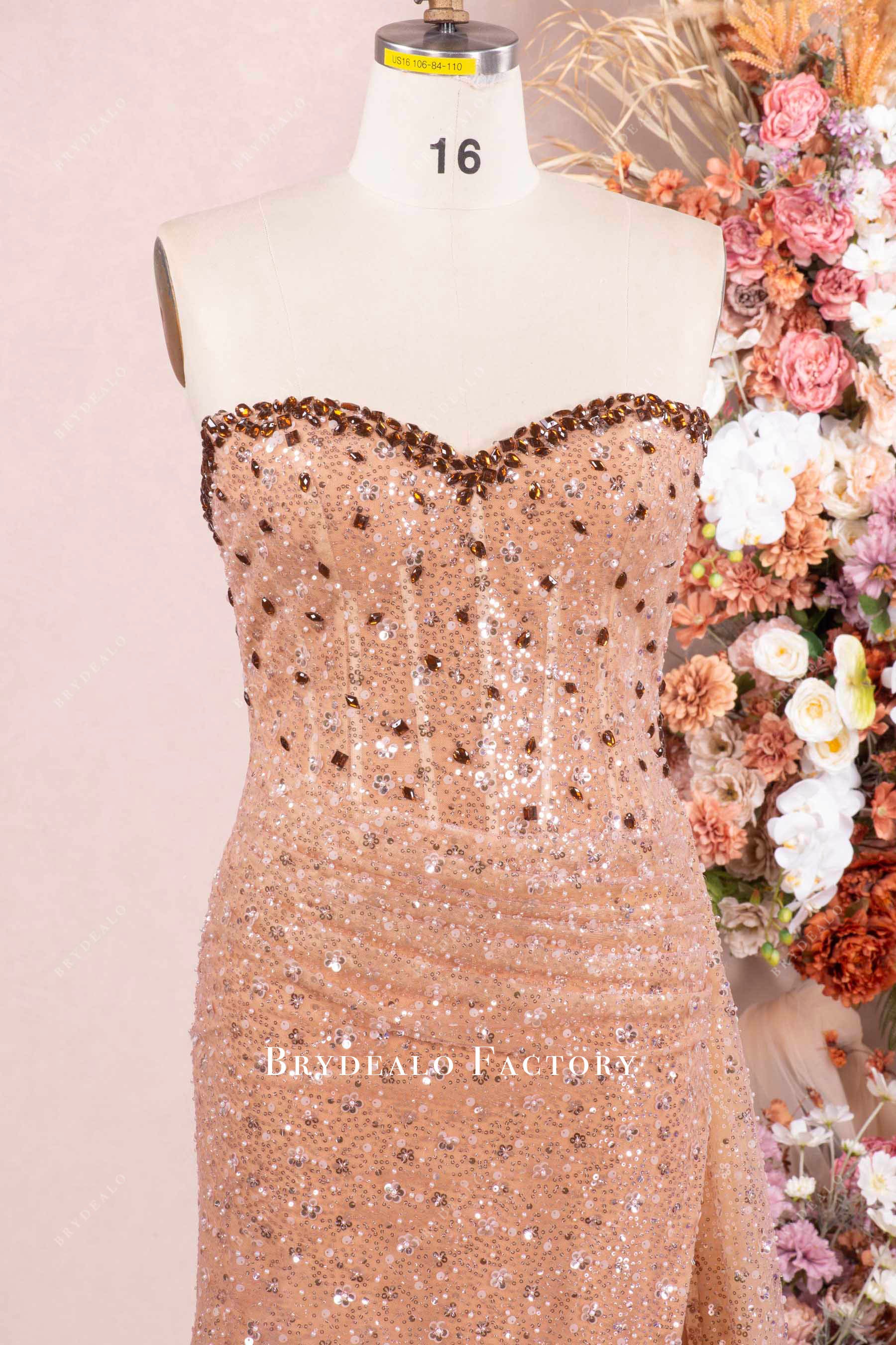 brown strapless sweetheart prom dress