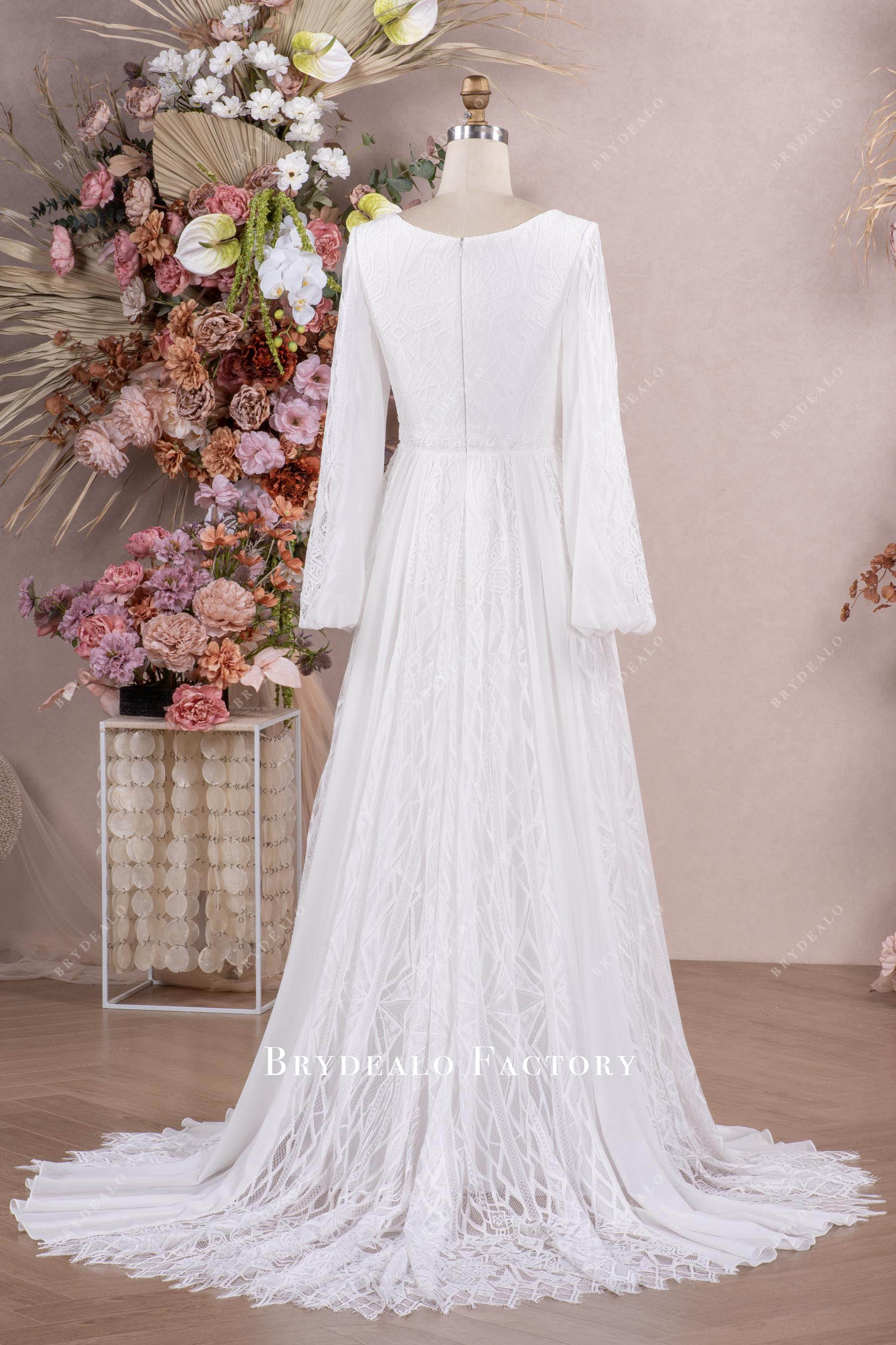 bubble sleeve boho lace wedding dress