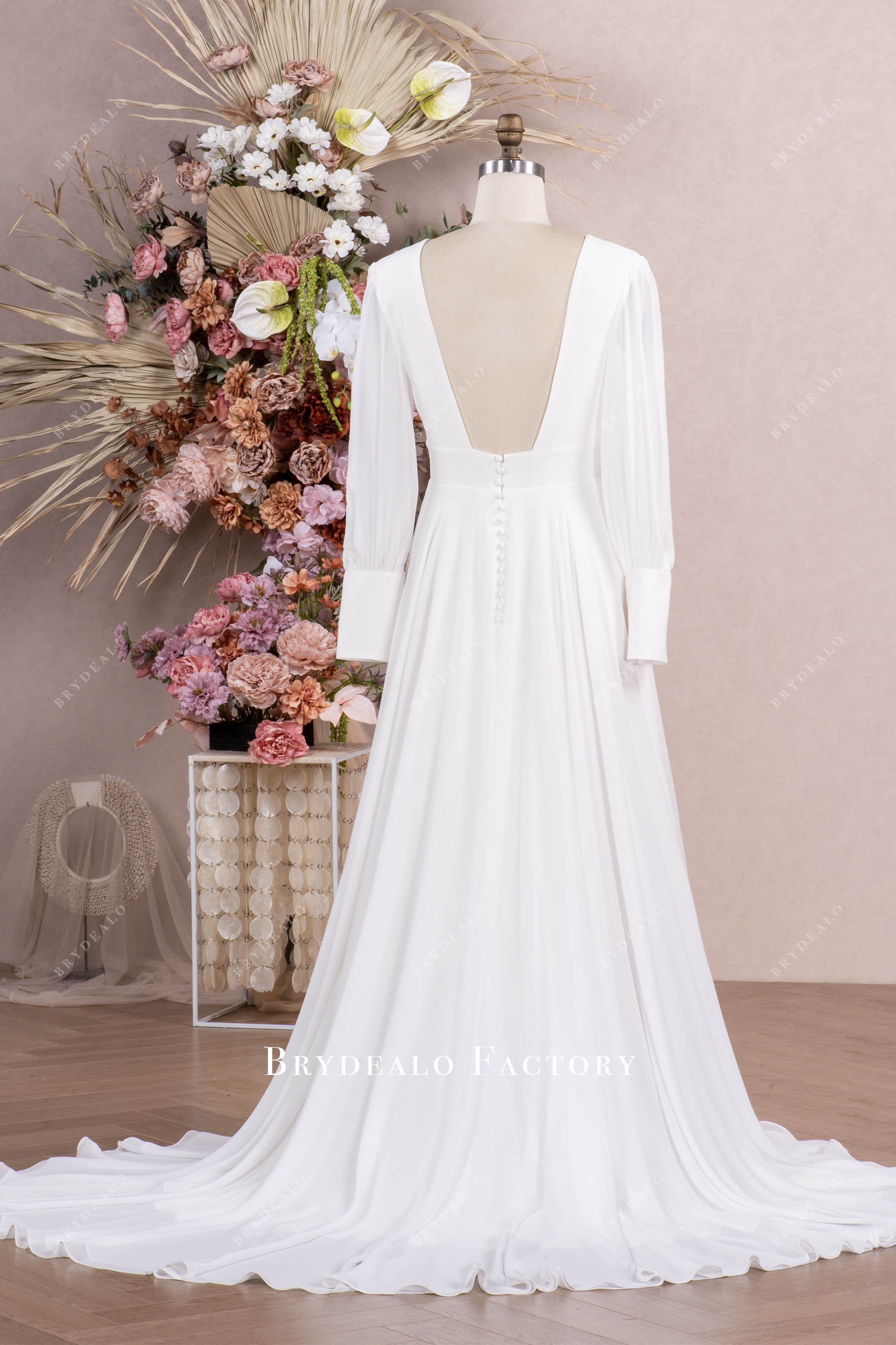 Boho Chiffon Bishop Sleeves Slit Wedding Dress