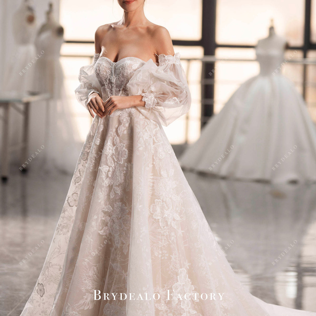 off shoulder bubble sleeve dress Romantic Shimmery Lace Off Shoulder Champagne Wedding Dress, White