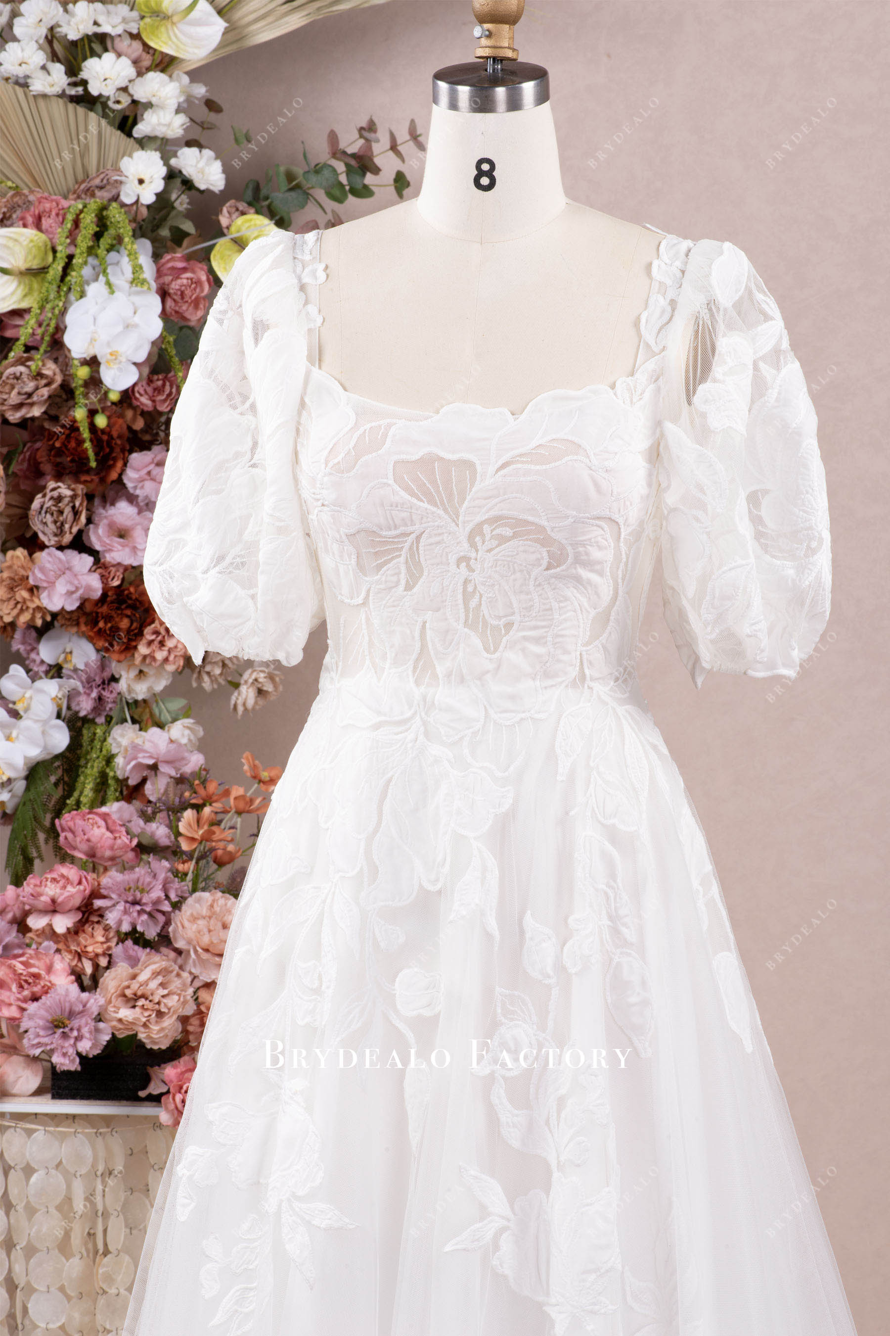 bubble sleeve square neck wedding gown