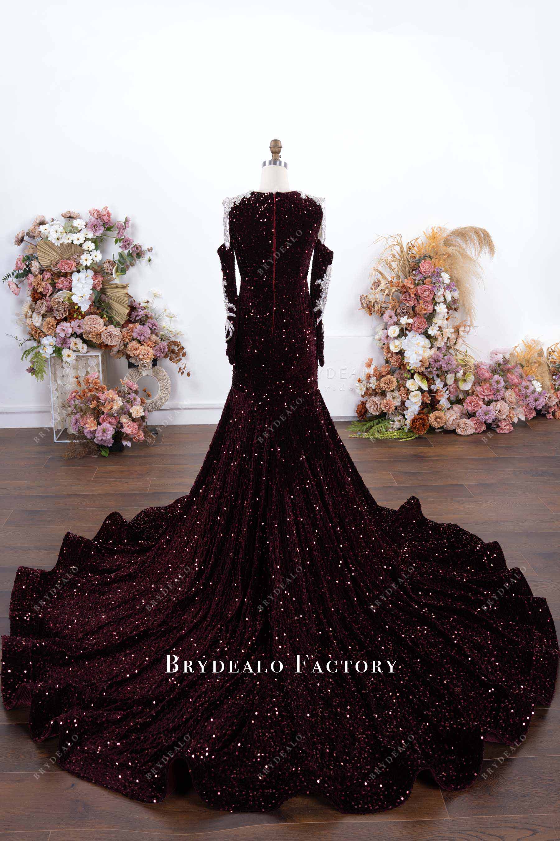 burgundy chapel train prom dress