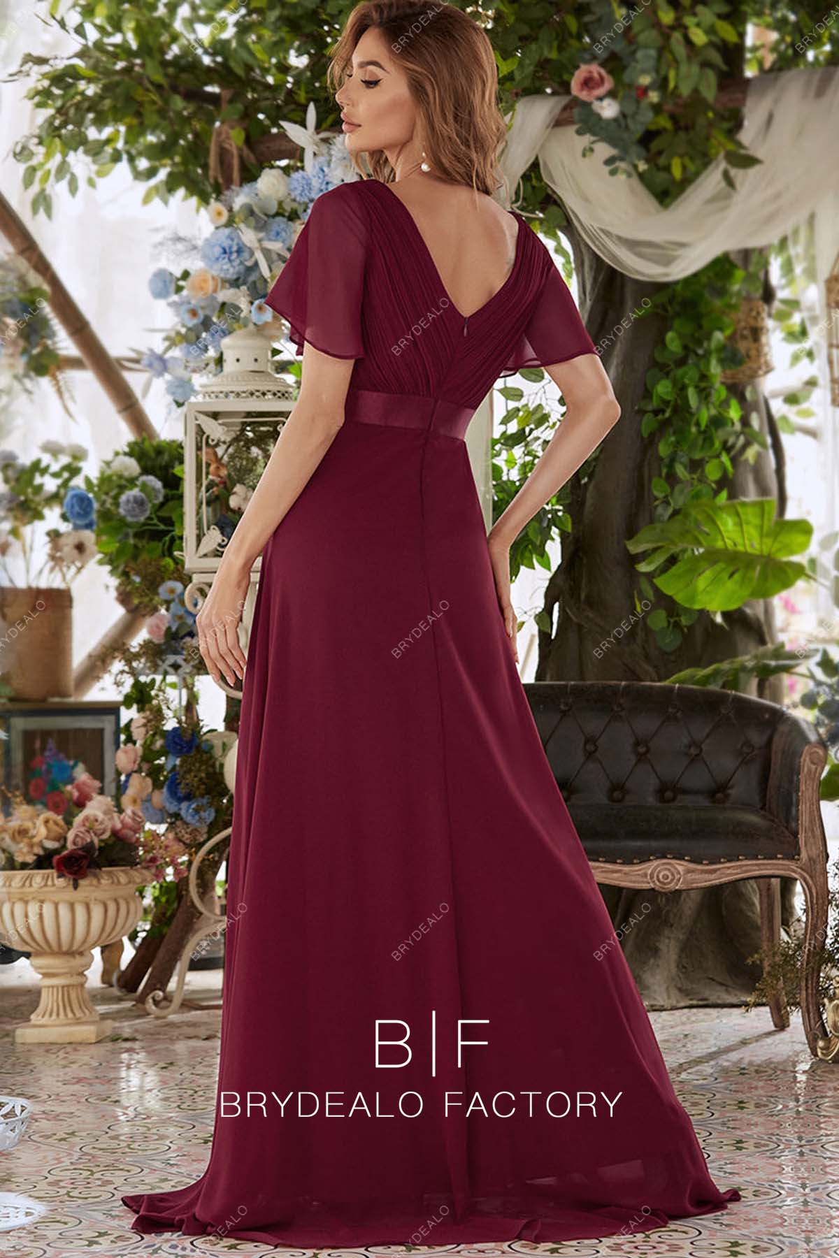 Burgundy Chiffon Long A-line Bridesmaid Dress