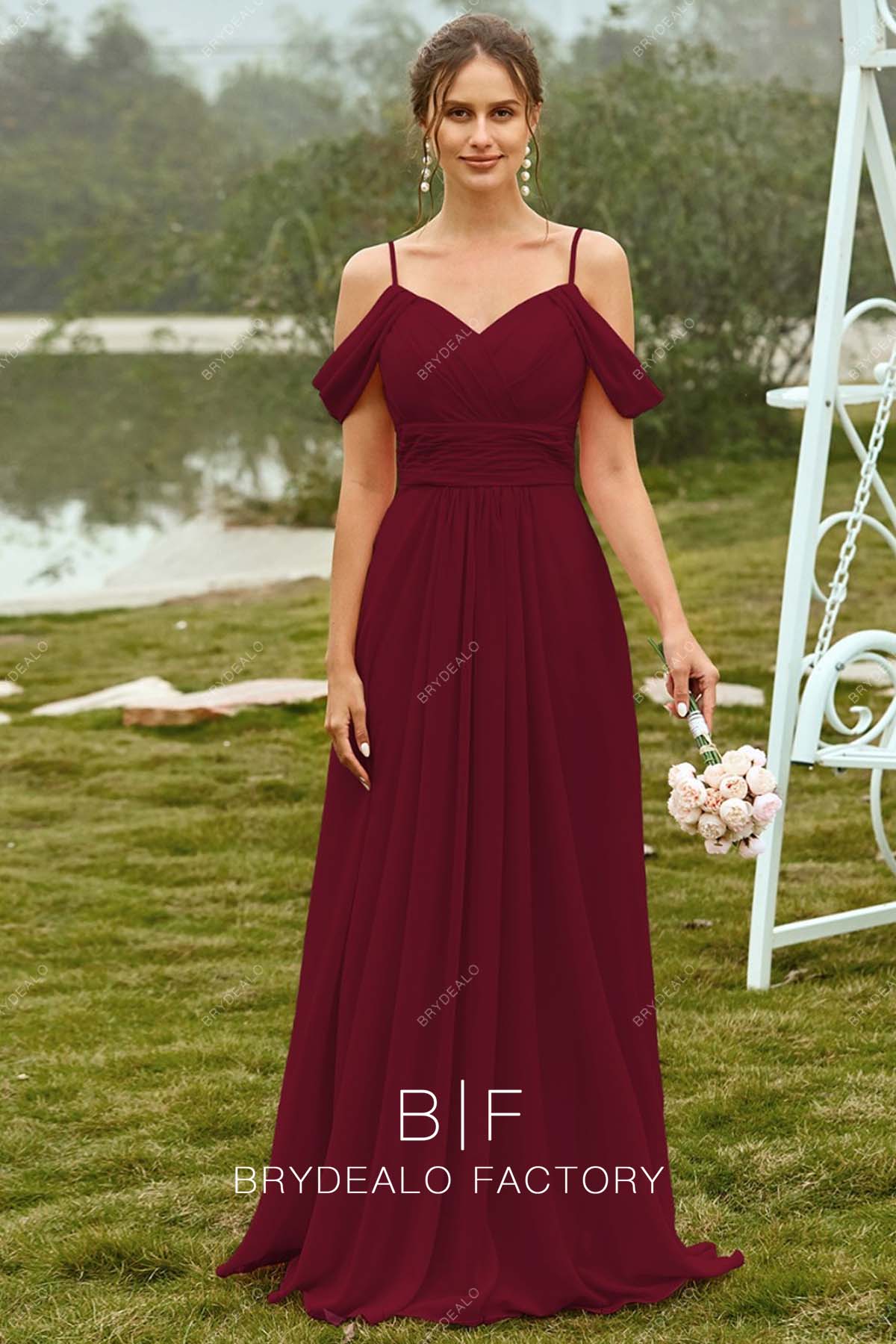burgundy chiffon cold shoulder bridesmaid dress