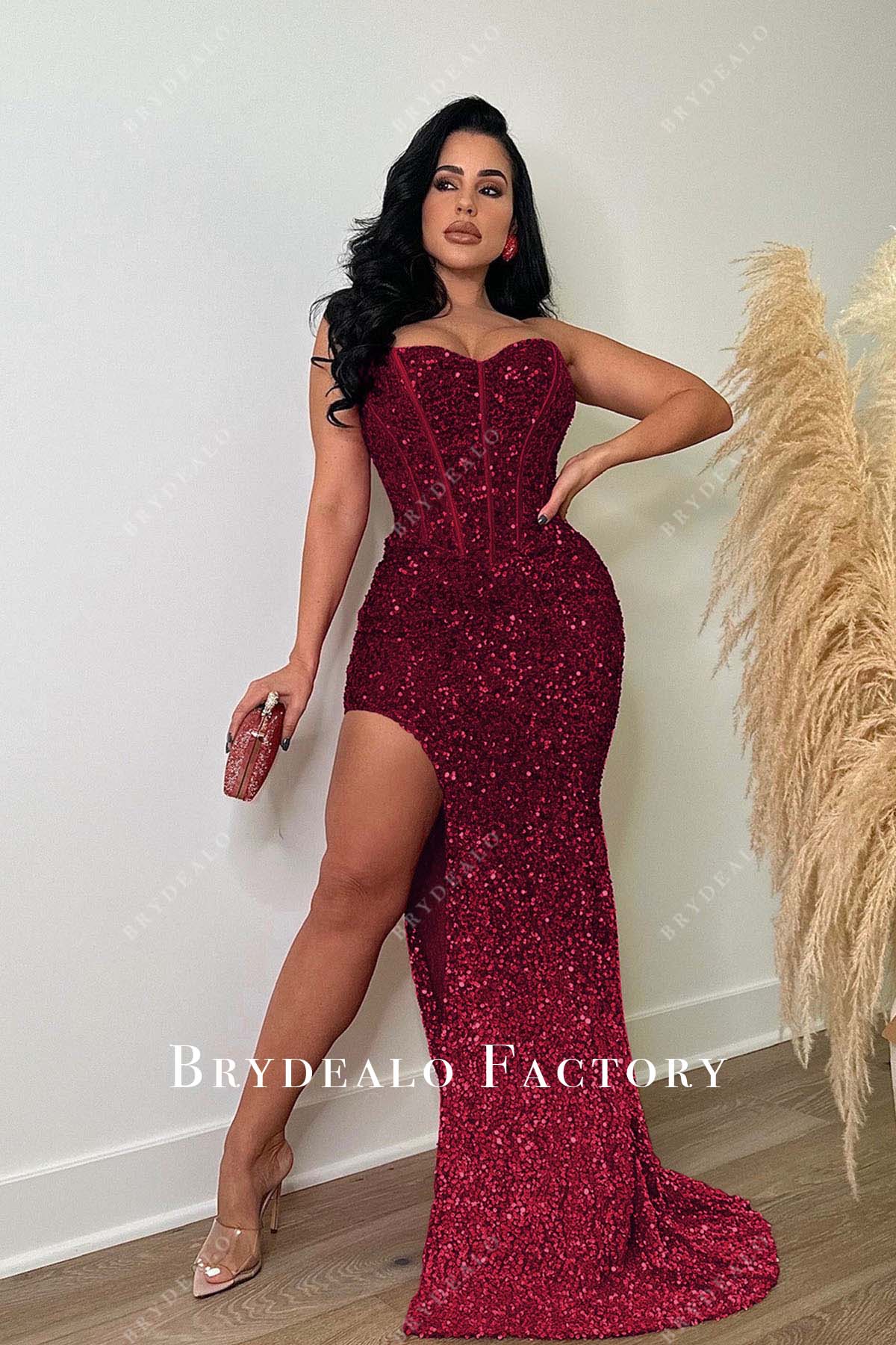 burgundy corset sequined strapless prom dress