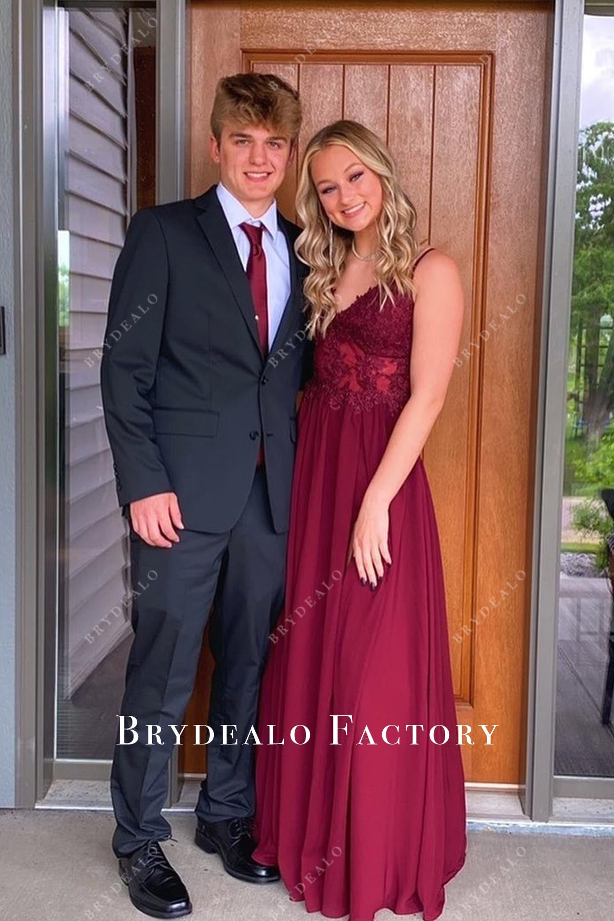 burgundy lace chiffon prom dress