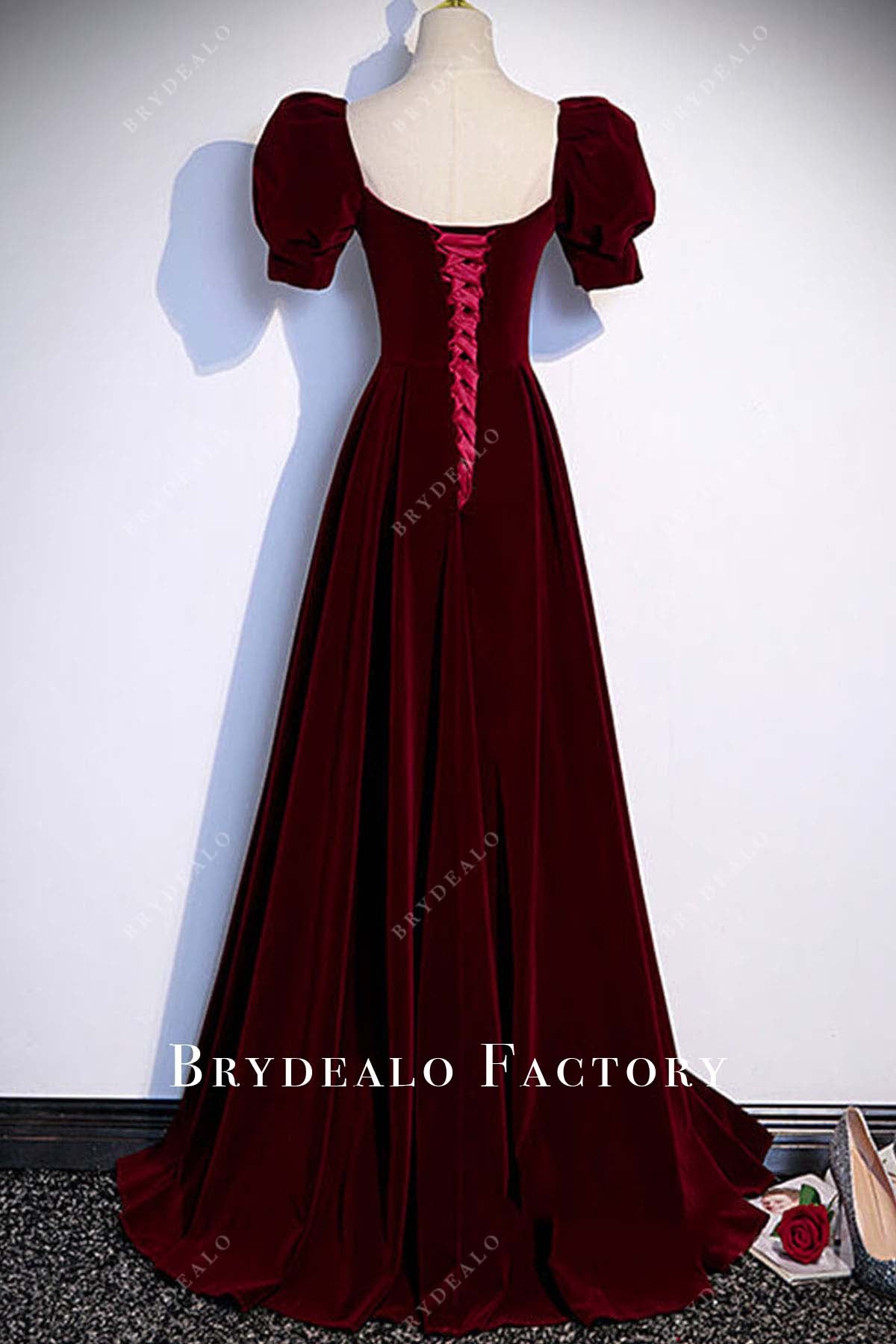 burgundy lace up back prom dress