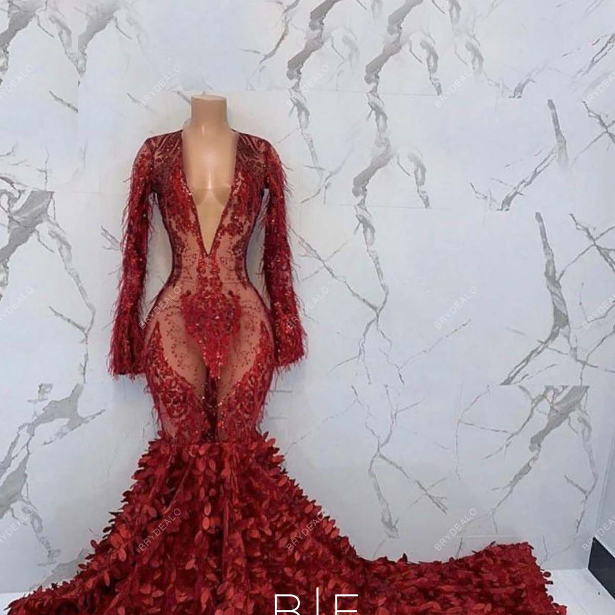 maroon long sleeve mermaid dress Burgundy Ostrich Feathers Long Sleeve 3D Leaf Mermaid Prom Dress