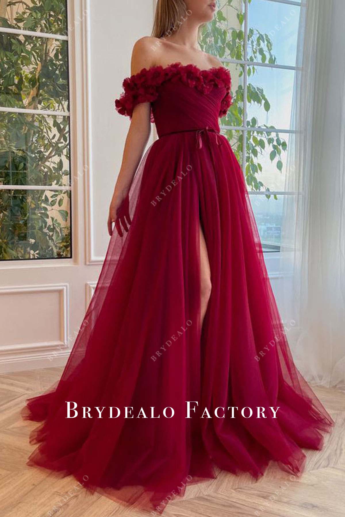 burgundy off shoulder a line prom dress