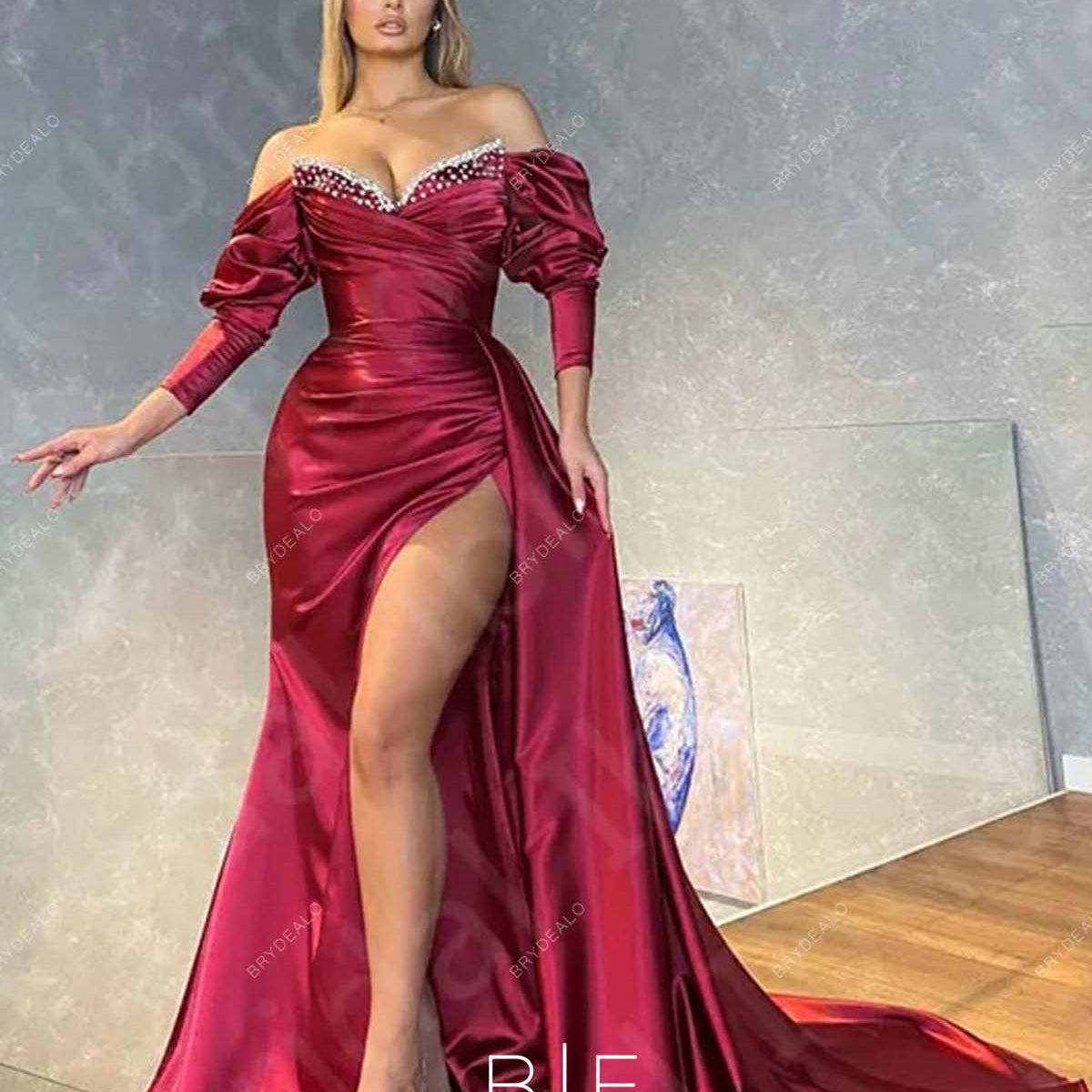 burgundy off the shoulder prom dress Burgundy Mermaid Sweep Train Long Prom Dress, Off Shoulder Satin Burgundy  Evening Dress
