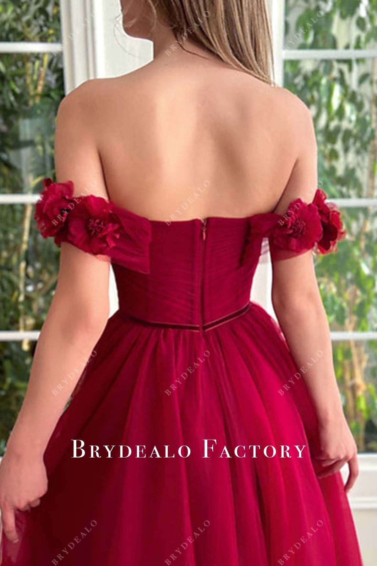 burgundy open back a line prom dress