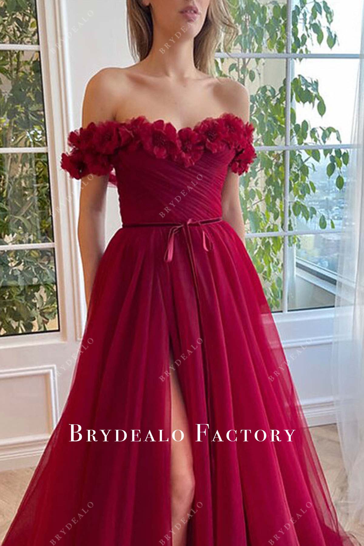 burgundy pleated tulle a line prom dress