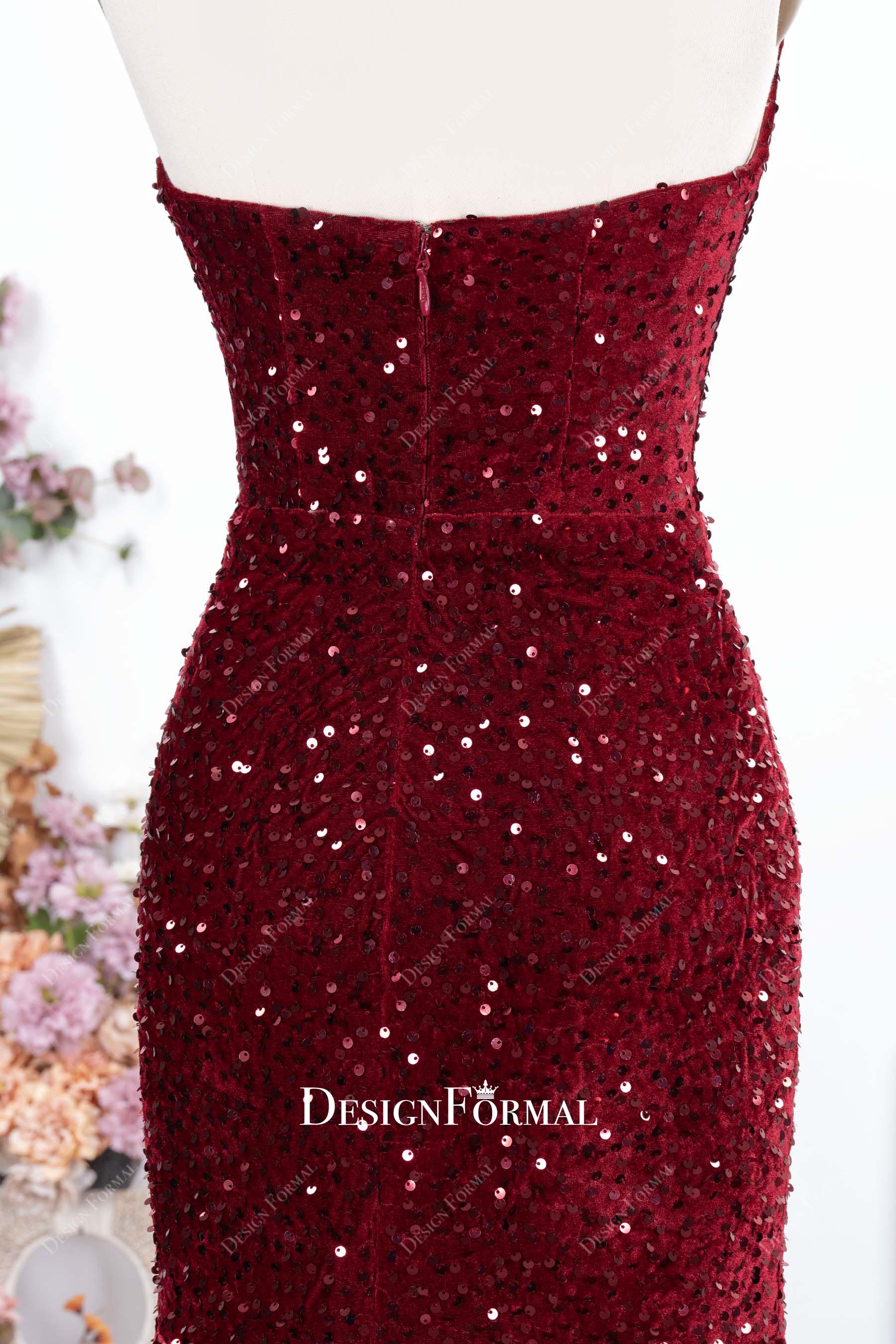 burgundy sequin backless trumpet prom dress